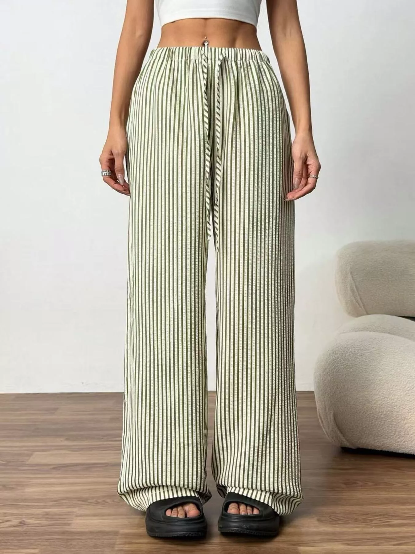 Full Size Striped Drawstring Waist Wide Leg Pants Plus Size - Image 12