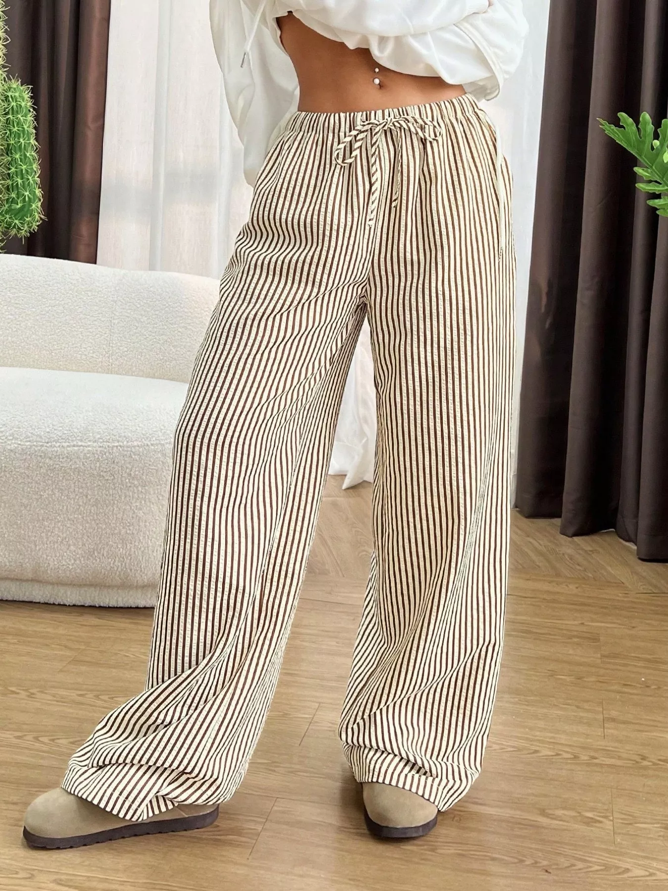 Full Size Striped Drawstring Waist Wide Leg Pants Plus Size - Image 16