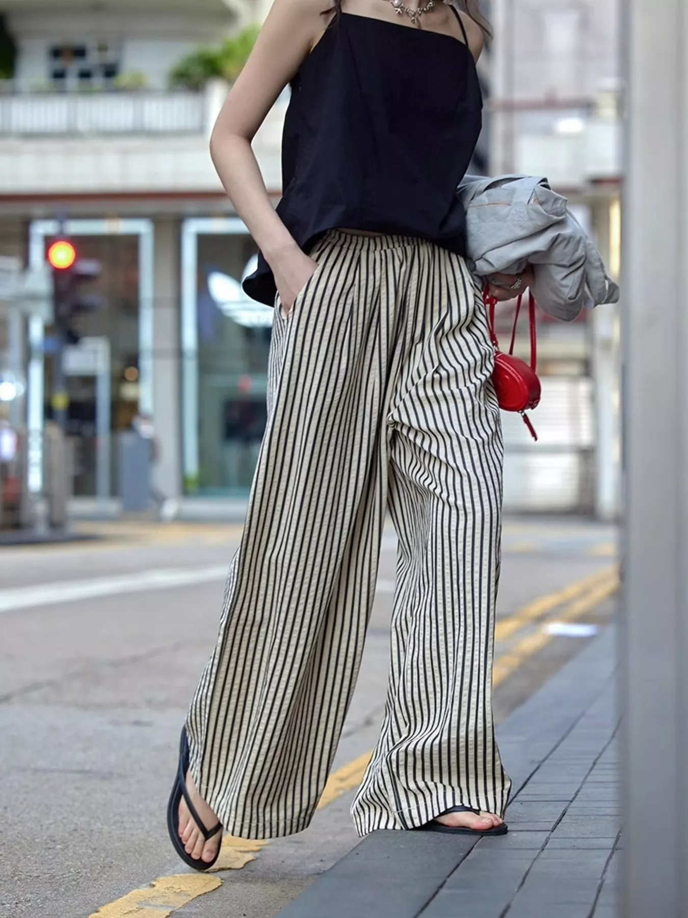 Full Size Striped Drawstring Waist Wide Leg Pants Plus Size - Image 8
