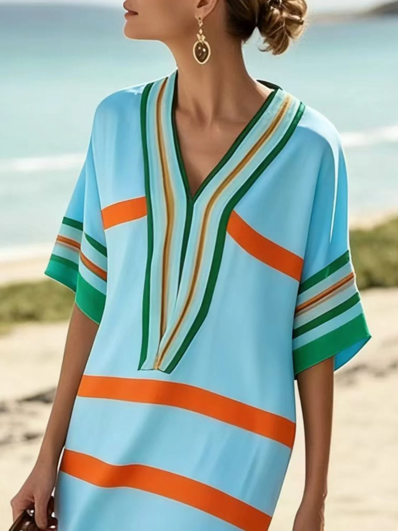 Full Size Striped Half Sleeve Midi Dress Plus Size - Image 5