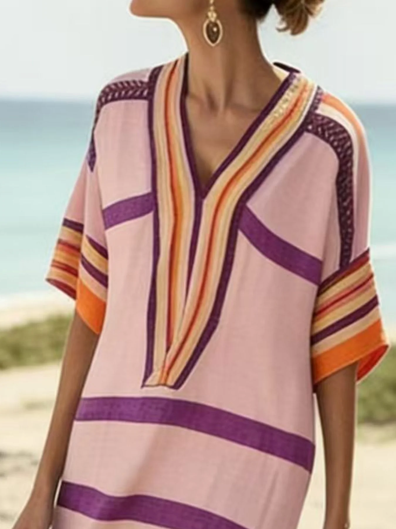 Full Size Striped Half Sleeve Midi Dress Plus Size - Image 8