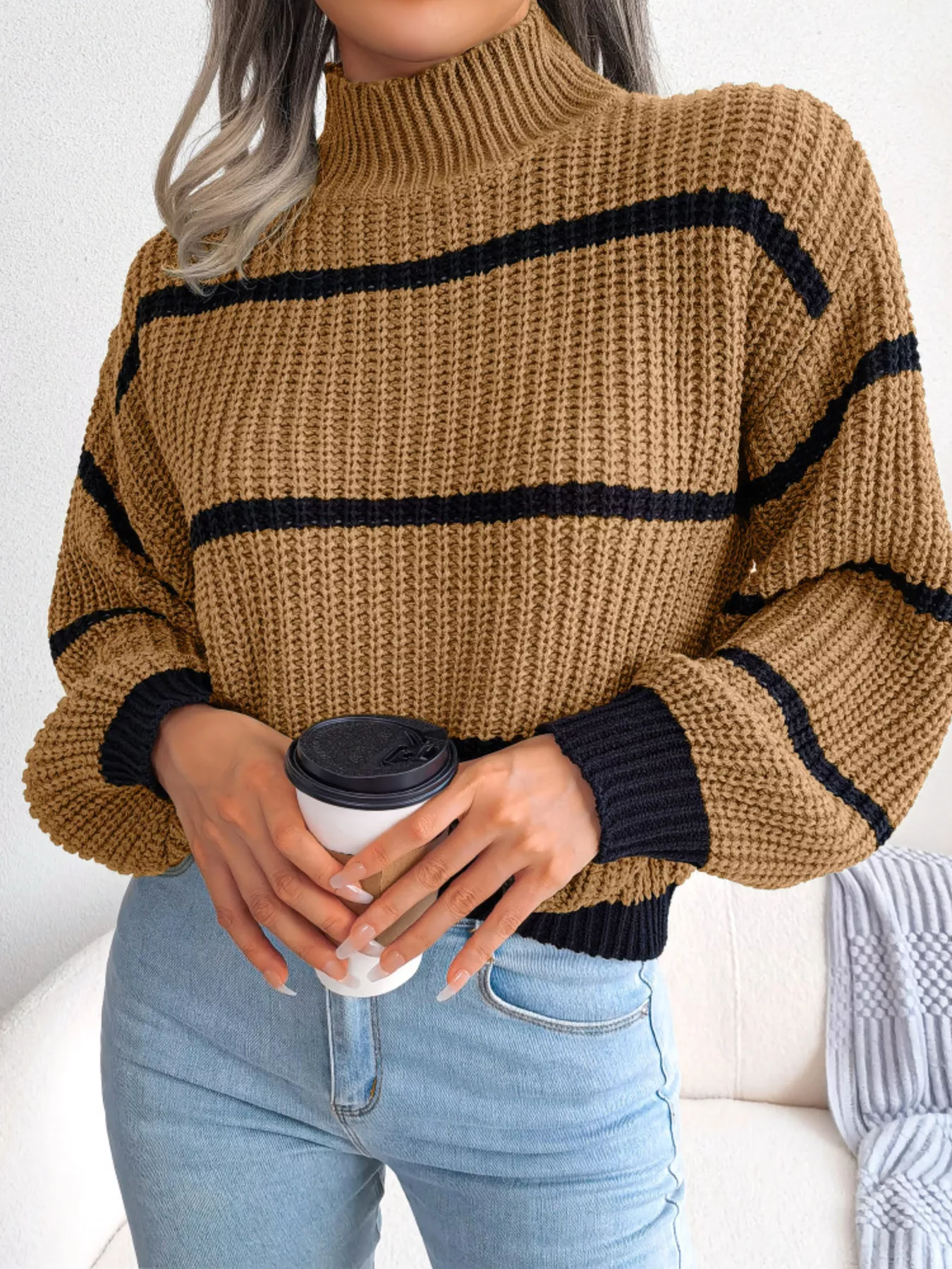 Full Size Striped Mock Neck Knit Sweater Plus Size - Image 10