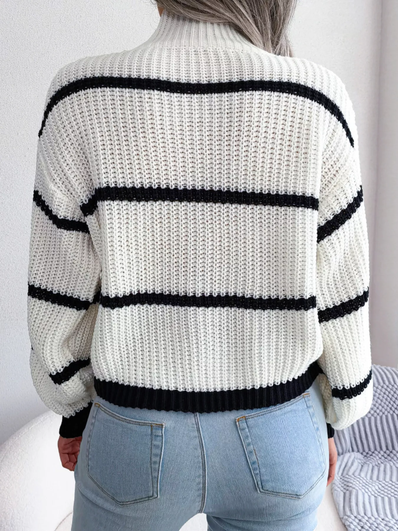 Full Size Striped Mock Neck Knit Sweater Plus Size - Image 2