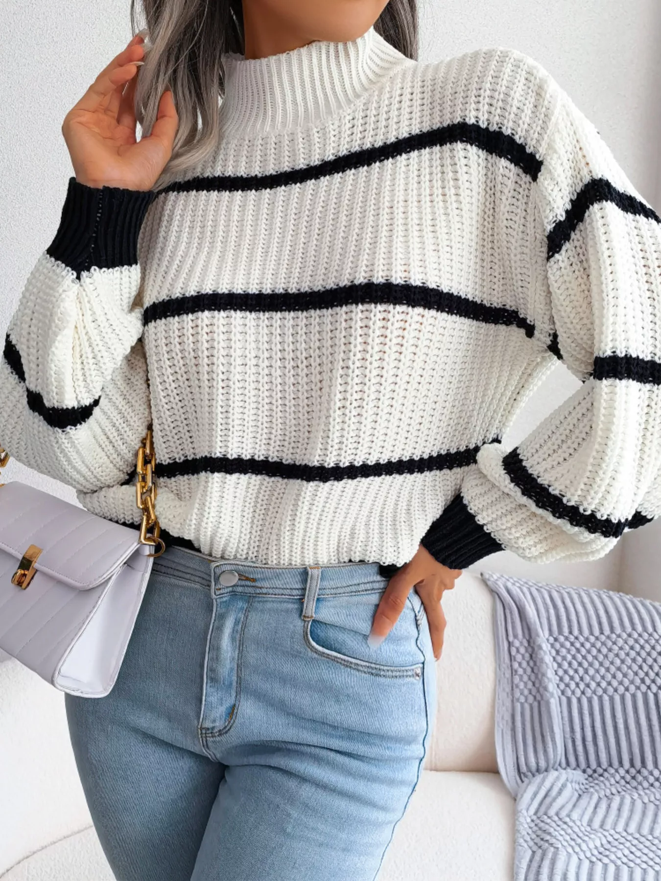 Full Size Striped Mock Neck Knit Sweater Plus Size - Image 4