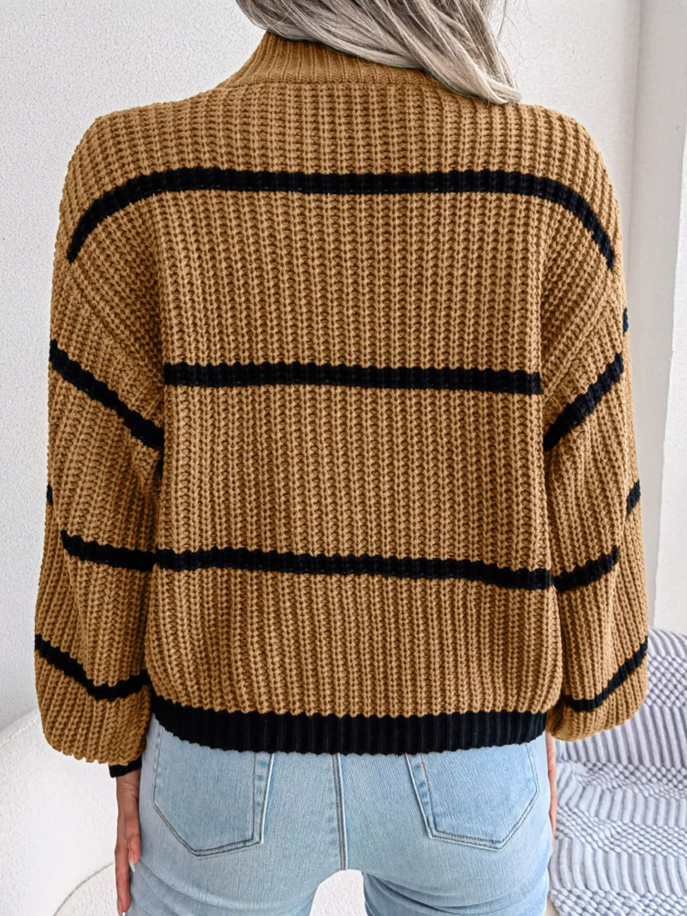 Full Size Striped Mock Neck Knit Sweater Plus Size - Image 7