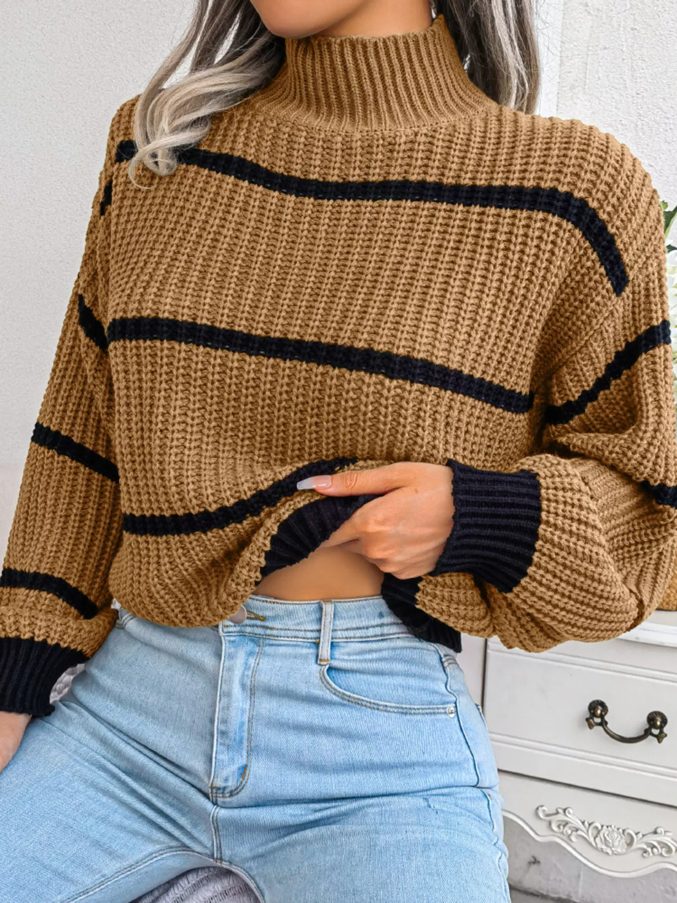 Full Size Striped Mock Neck Knit Sweater Plus Size - Image 8