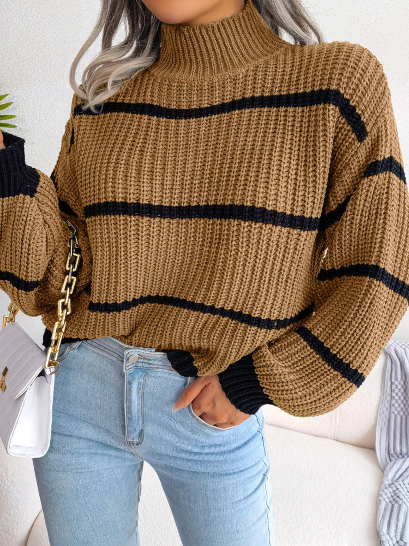 Full Size Striped Mock Neck Knit Sweater Plus Size - Image 9