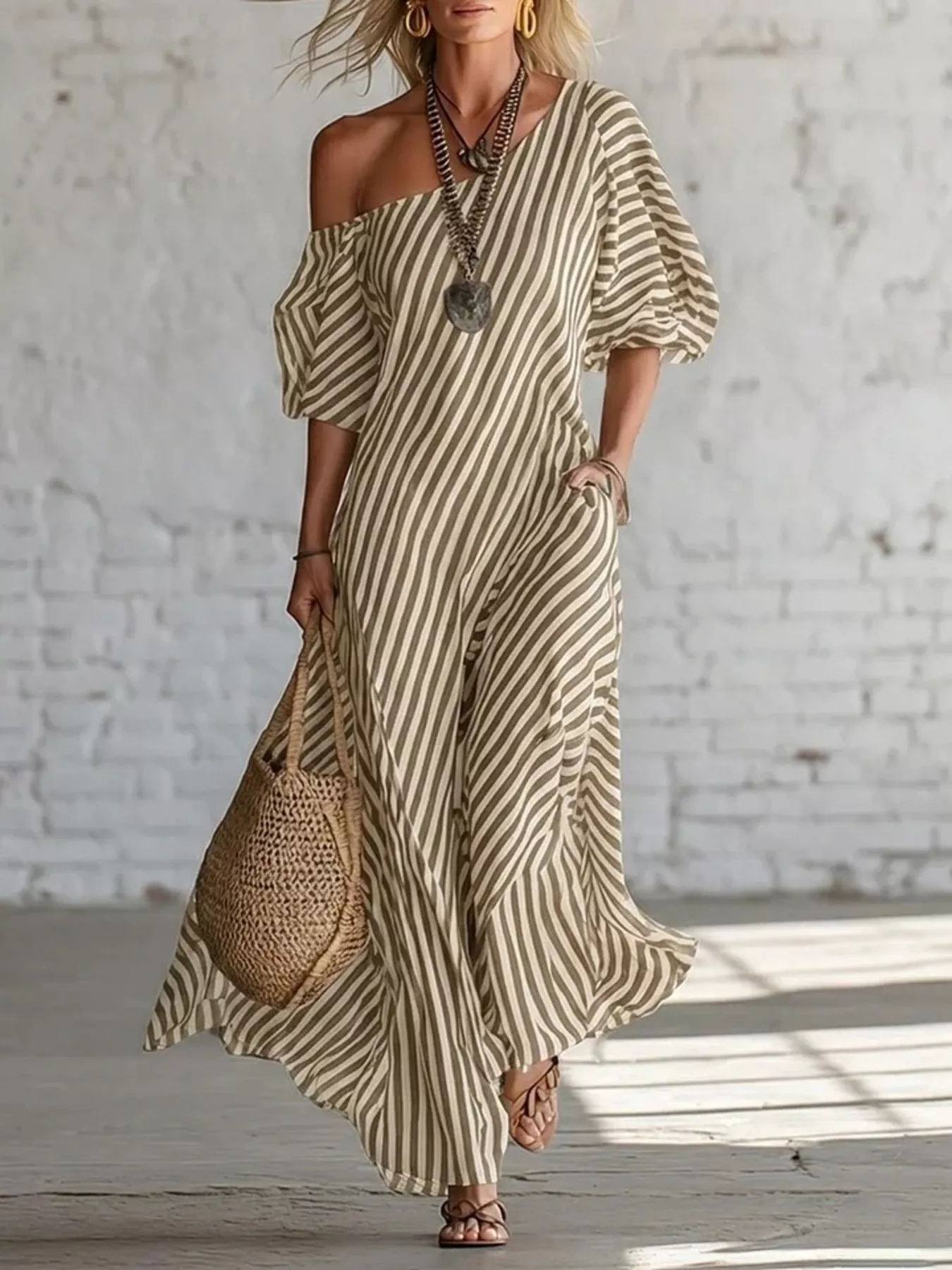 Full Size Striped One-Shoulder Casual Maxi Dress Plus Size - Image 10