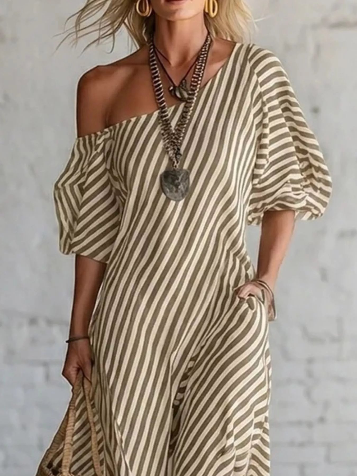 Full Size Striped One-Shoulder Casual Maxi Dress Plus Size - Image 11