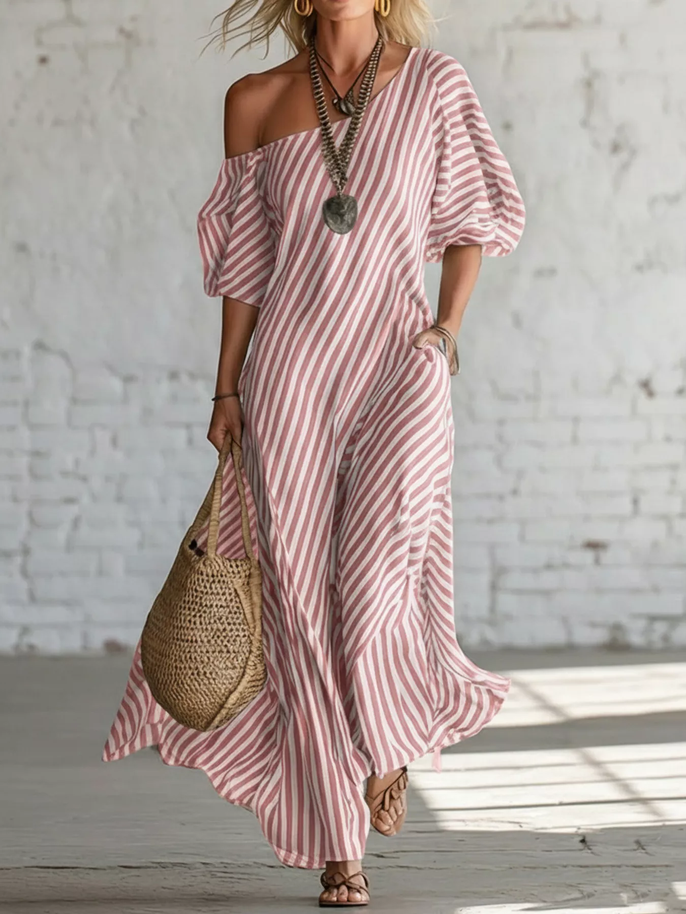 Full Size Striped One-Shoulder Casual Maxi Dress Plus Size - Image 13