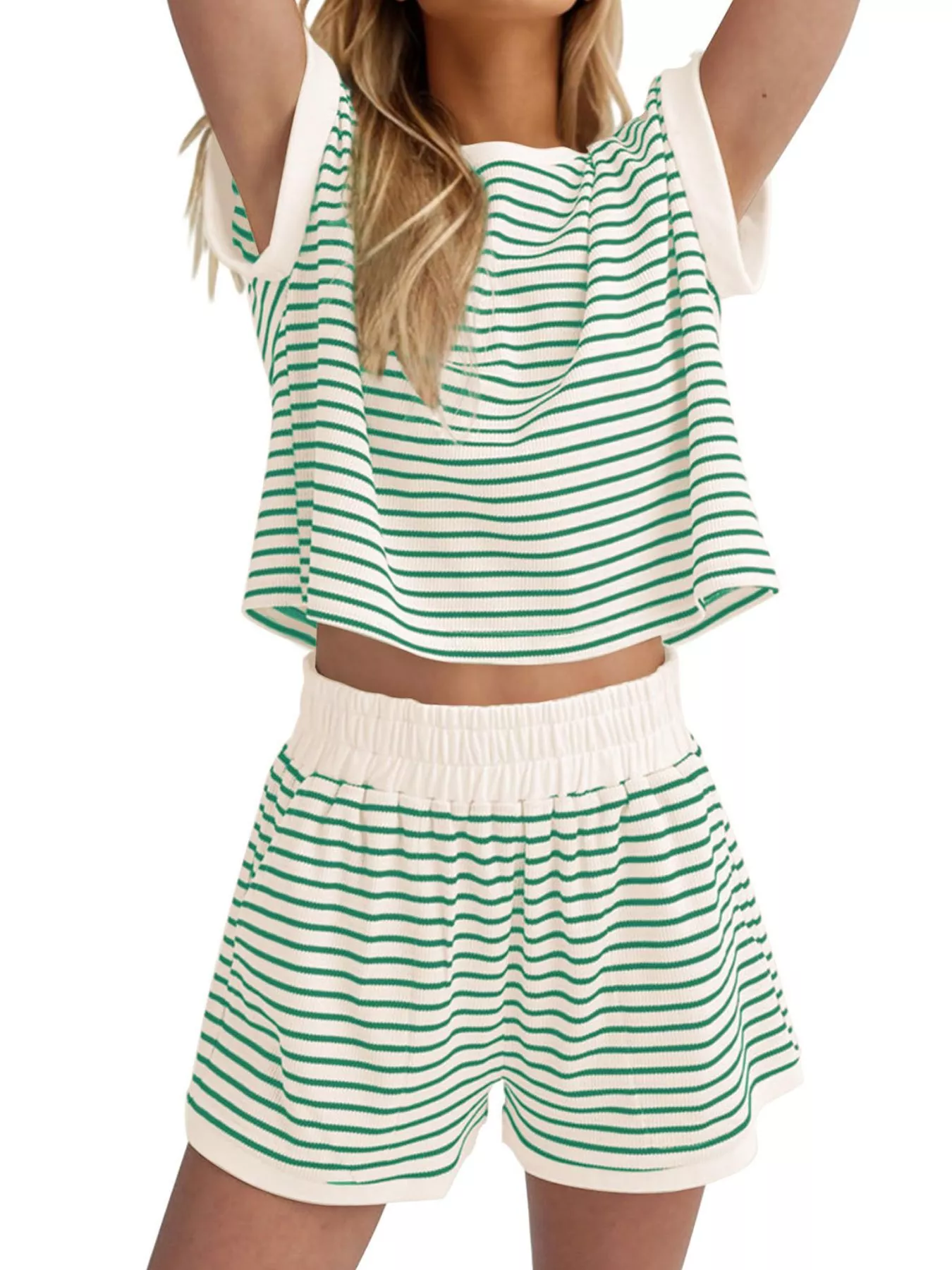 Full Size Striped Round Neck Top and Shorts Set Plus Size - Image 13