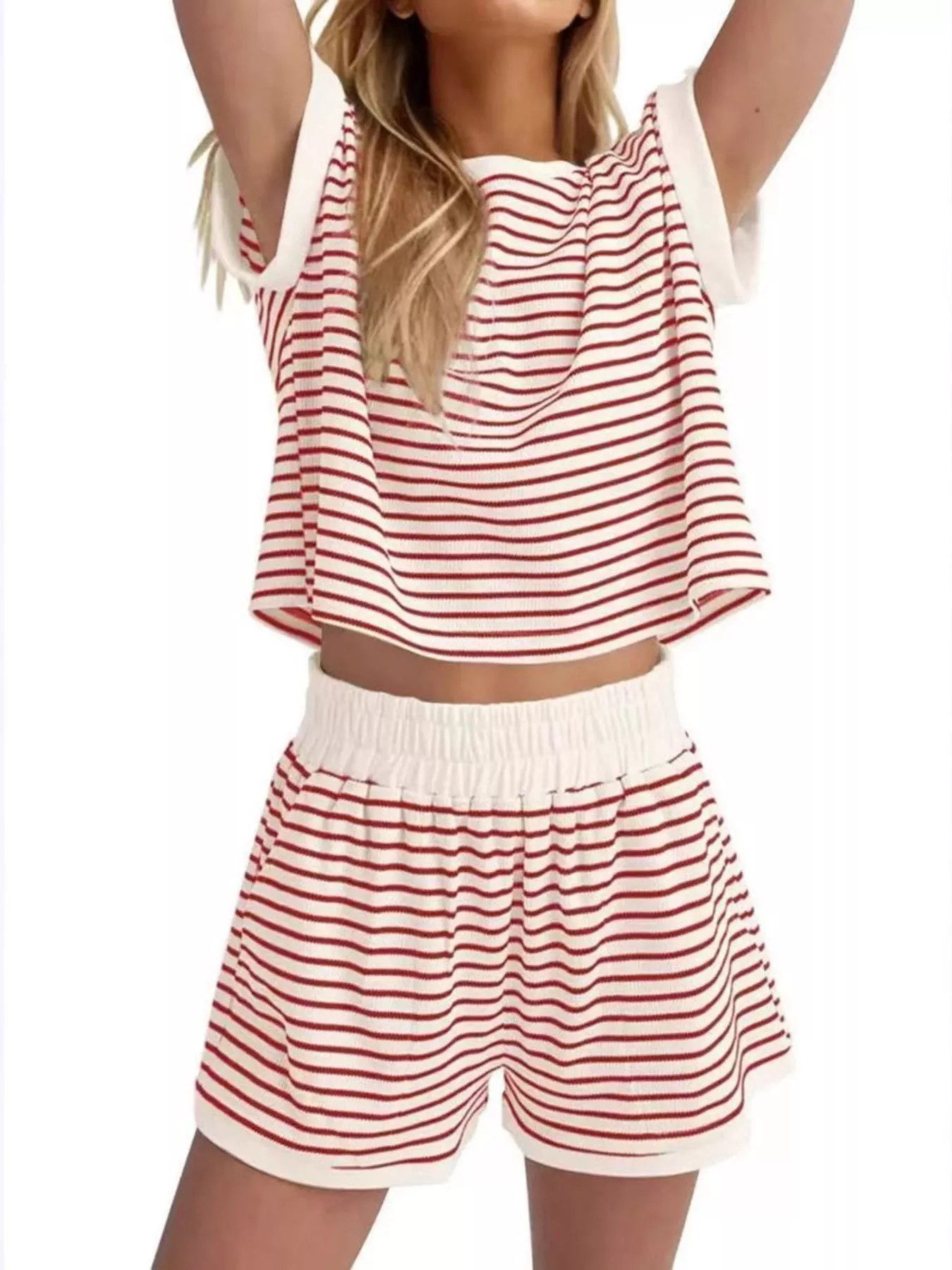 Full Size Striped Round Neck Top and Shorts Set Plus Size - Image 15