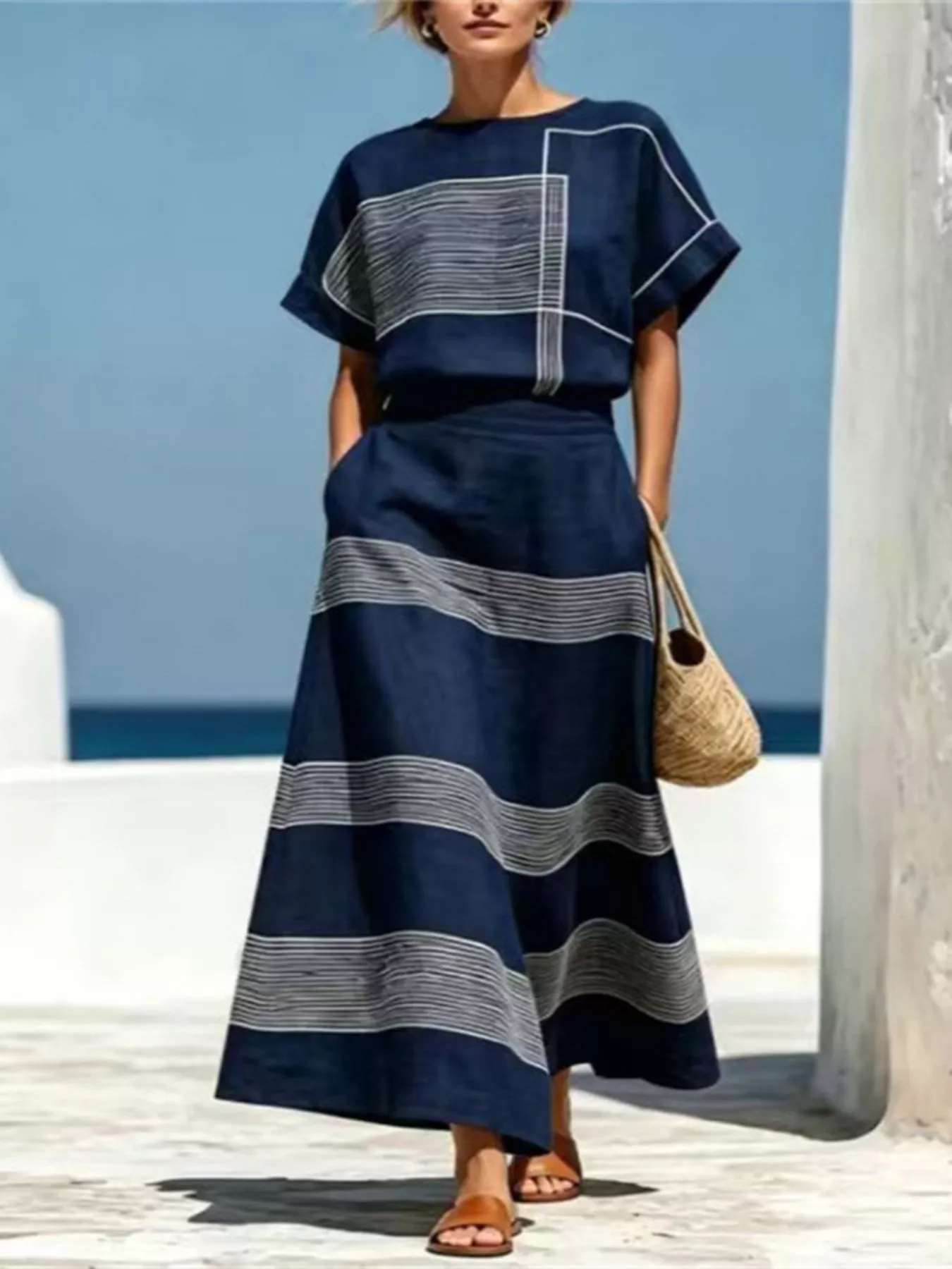 Full Size Striped Round Neck Top and Skirt Set Plus Size - Image 3