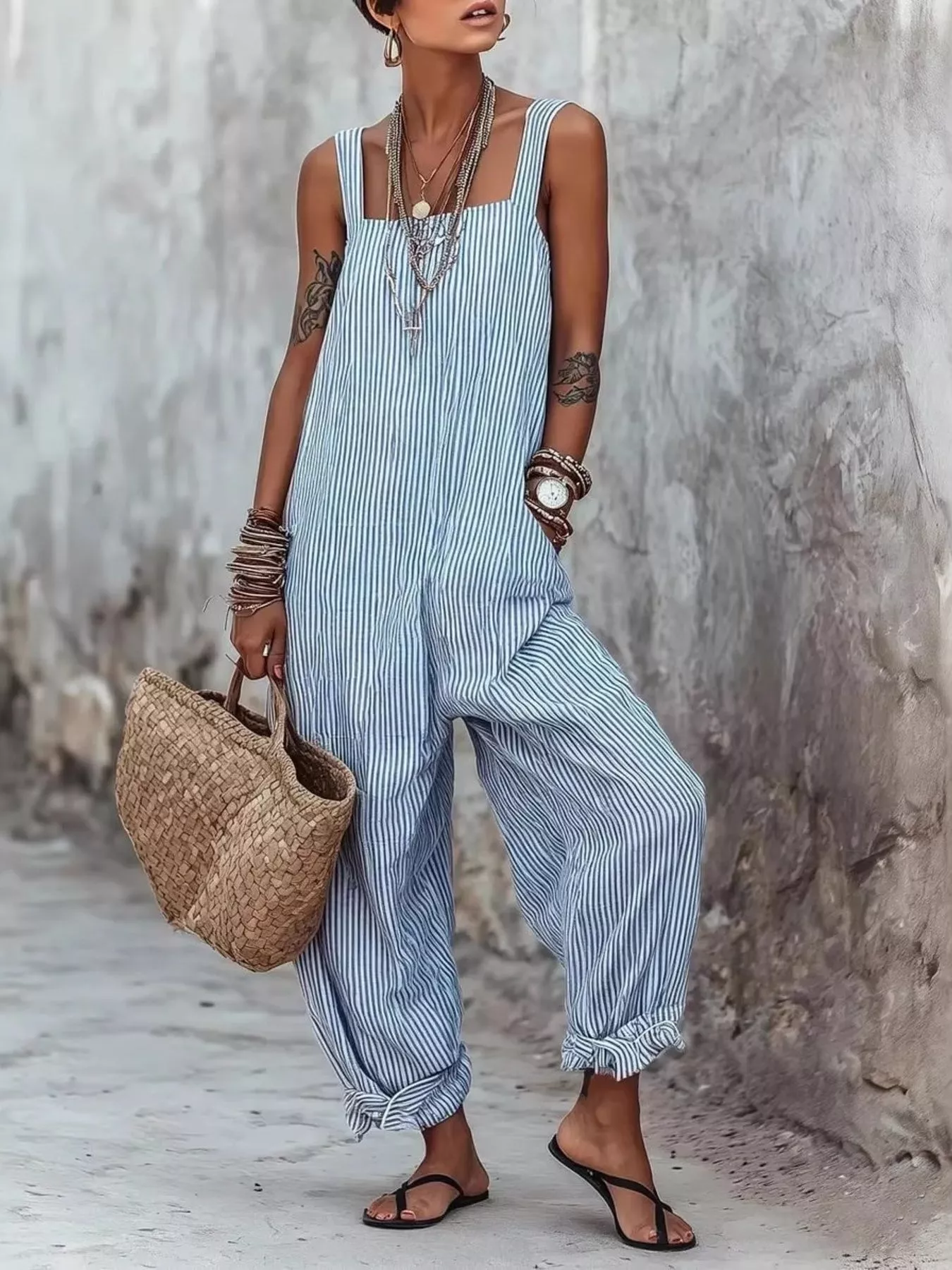 Full Size Striped Square Neck Wide Leg Jumpsuit Plus Size - Image 5