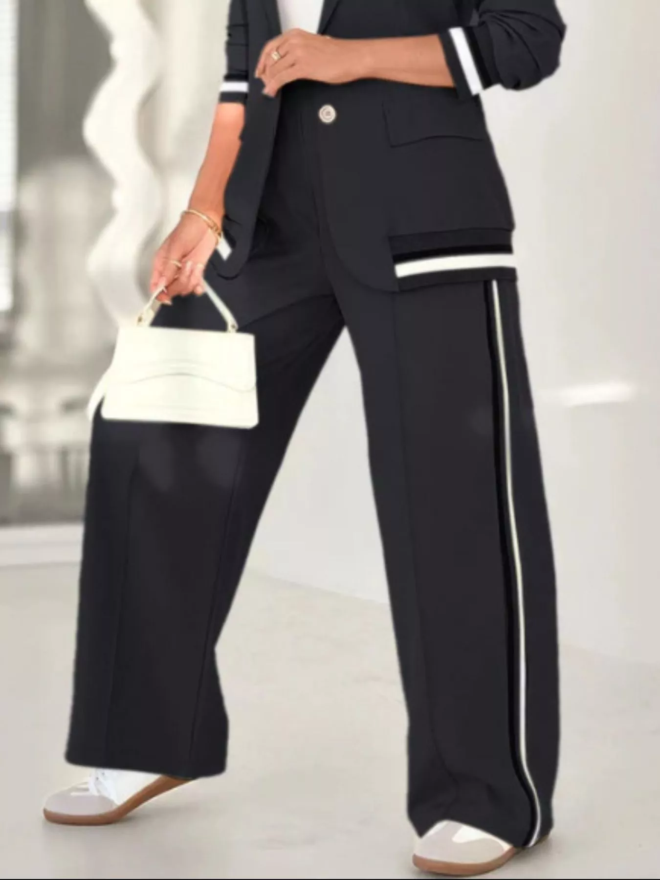 Full Size Striped Trim Button Down Jacket and Pants Set Plus Size - Image 7