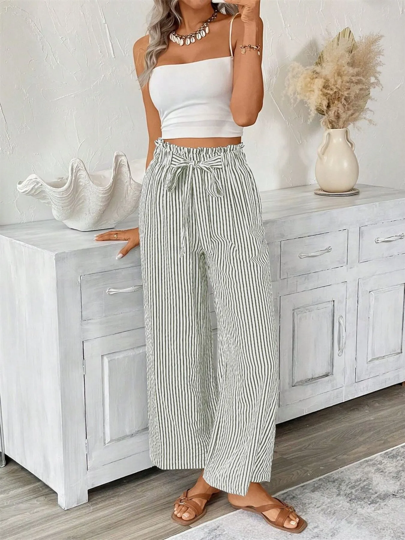 Full Size Striped Wide Leg Paper Bag Pants Plus Size - Image 10