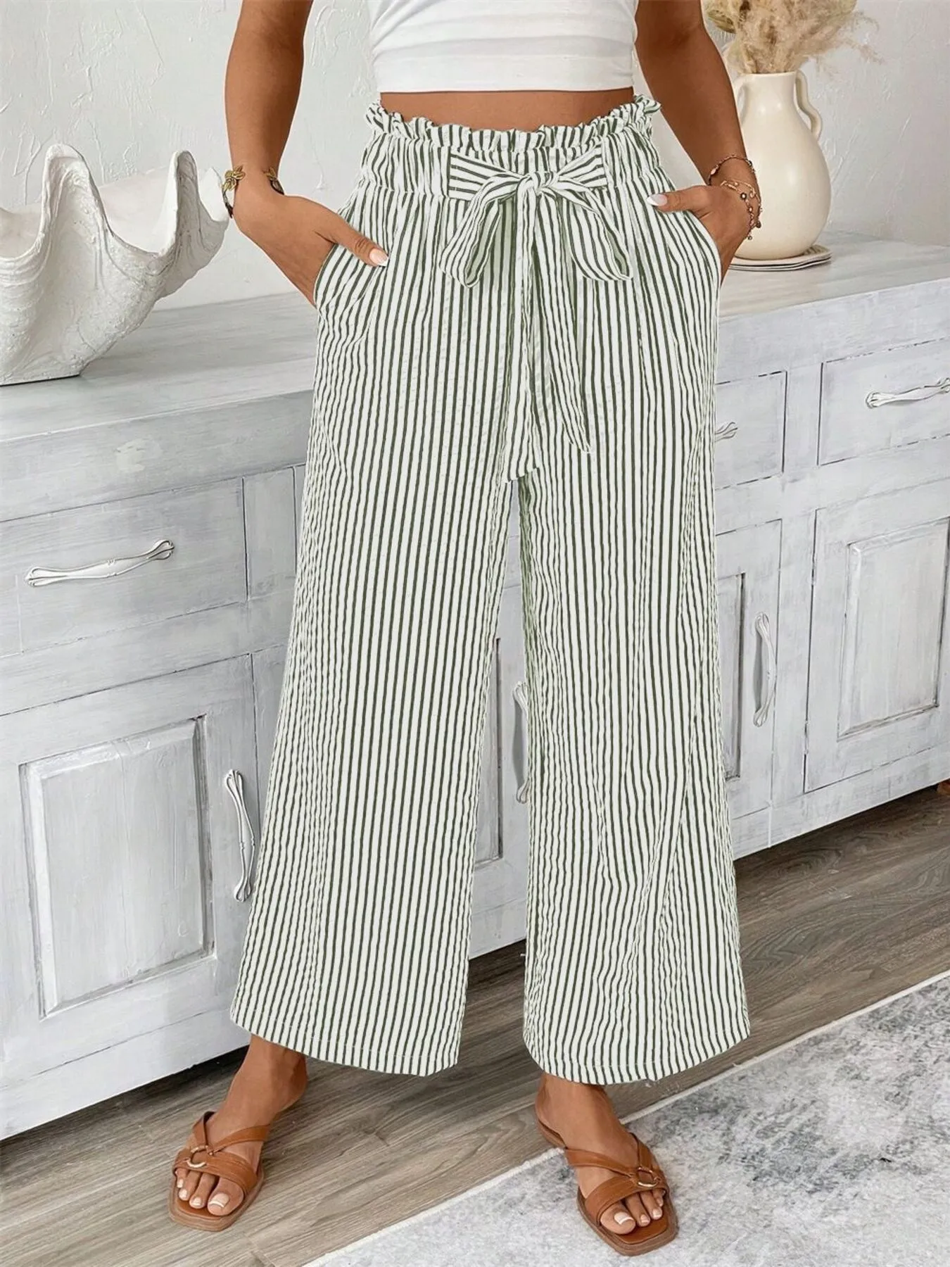 Full Size Striped Wide Leg Paper Bag Pants Plus Size - Image 11