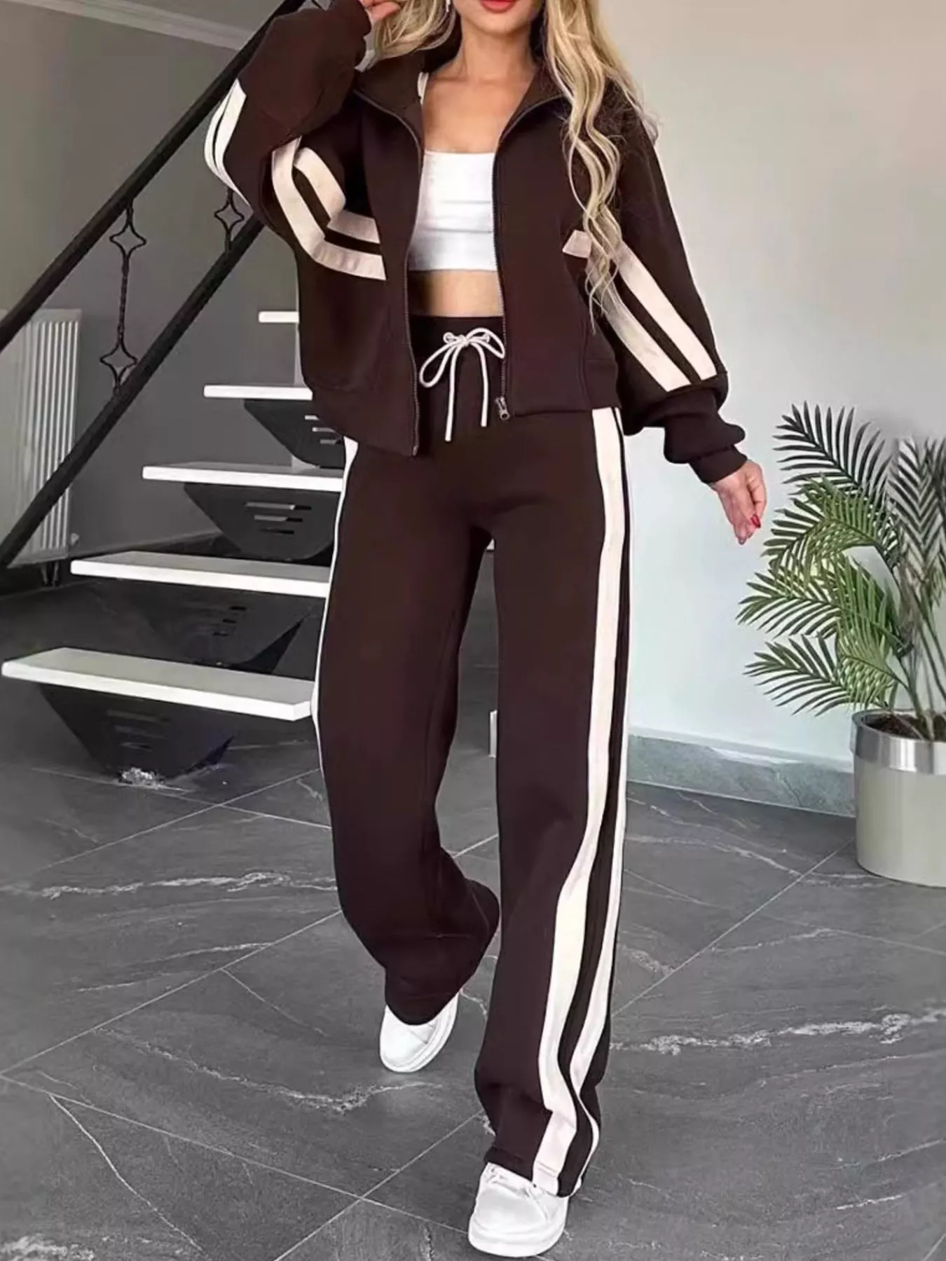 Full Size Striped Zip Up Outerwear and Pants Set Plus Size - Image 11