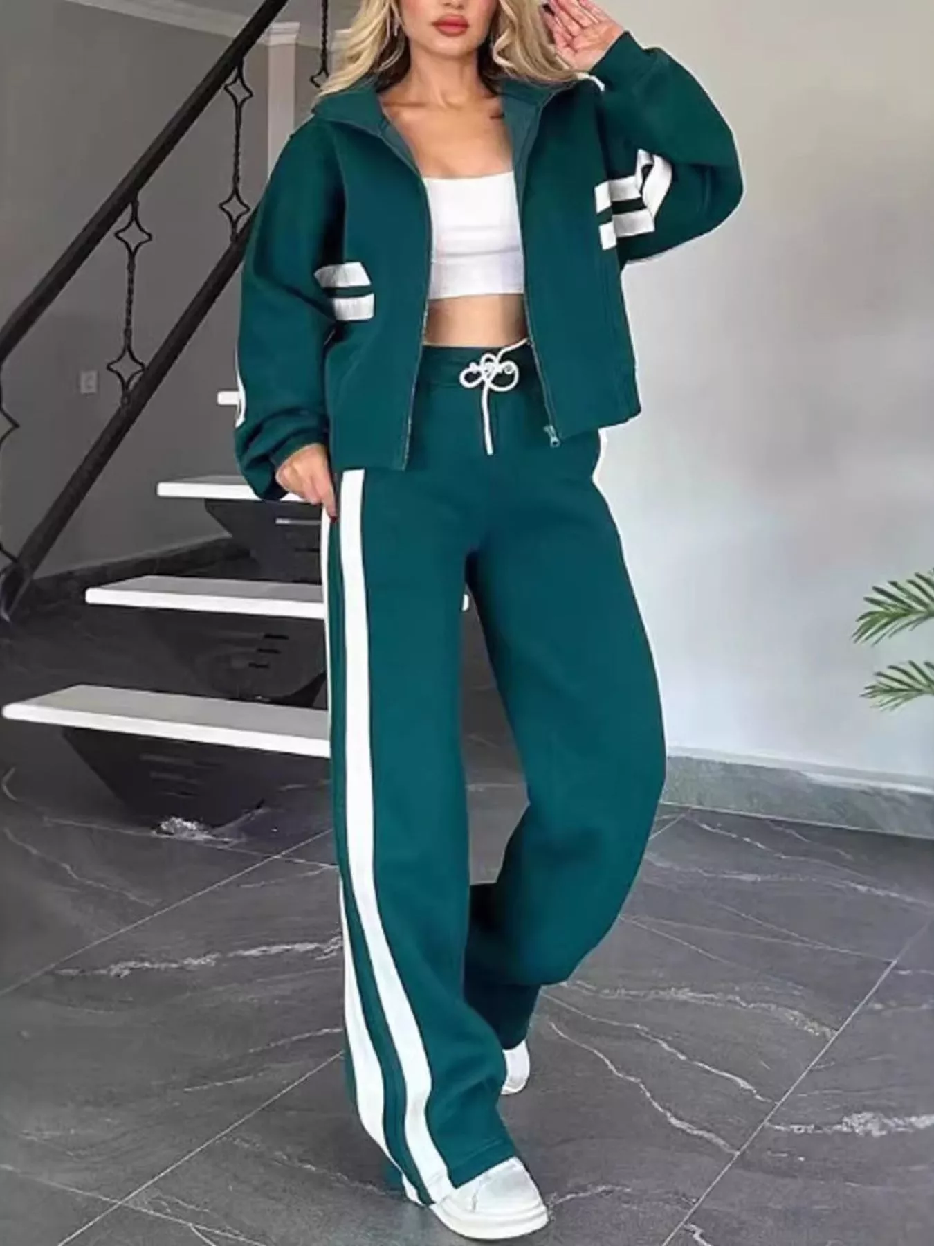 Full Size Striped Zip Up Outerwear and Pants Set Plus Size - Image 6