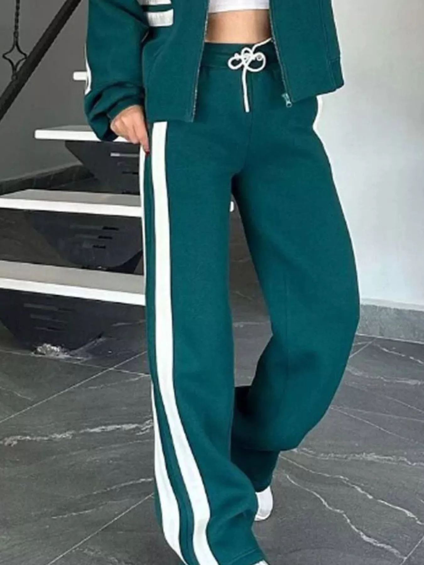 Full Size Striped Zip Up Outerwear and Pants Set Plus Size - Image 7