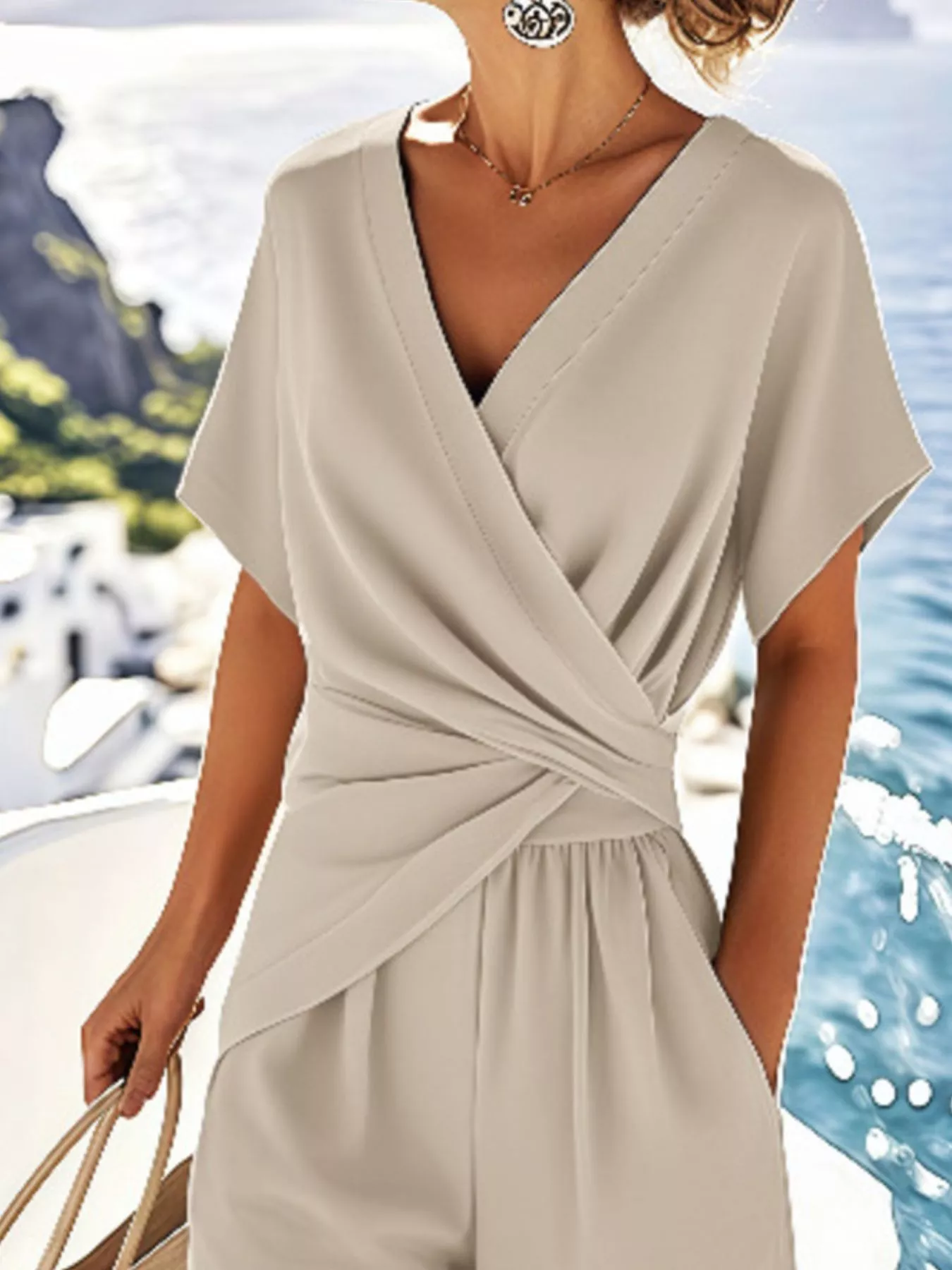 Full Size Surplice Short Sleeve Top and Pants Set Plus Size - Image 2