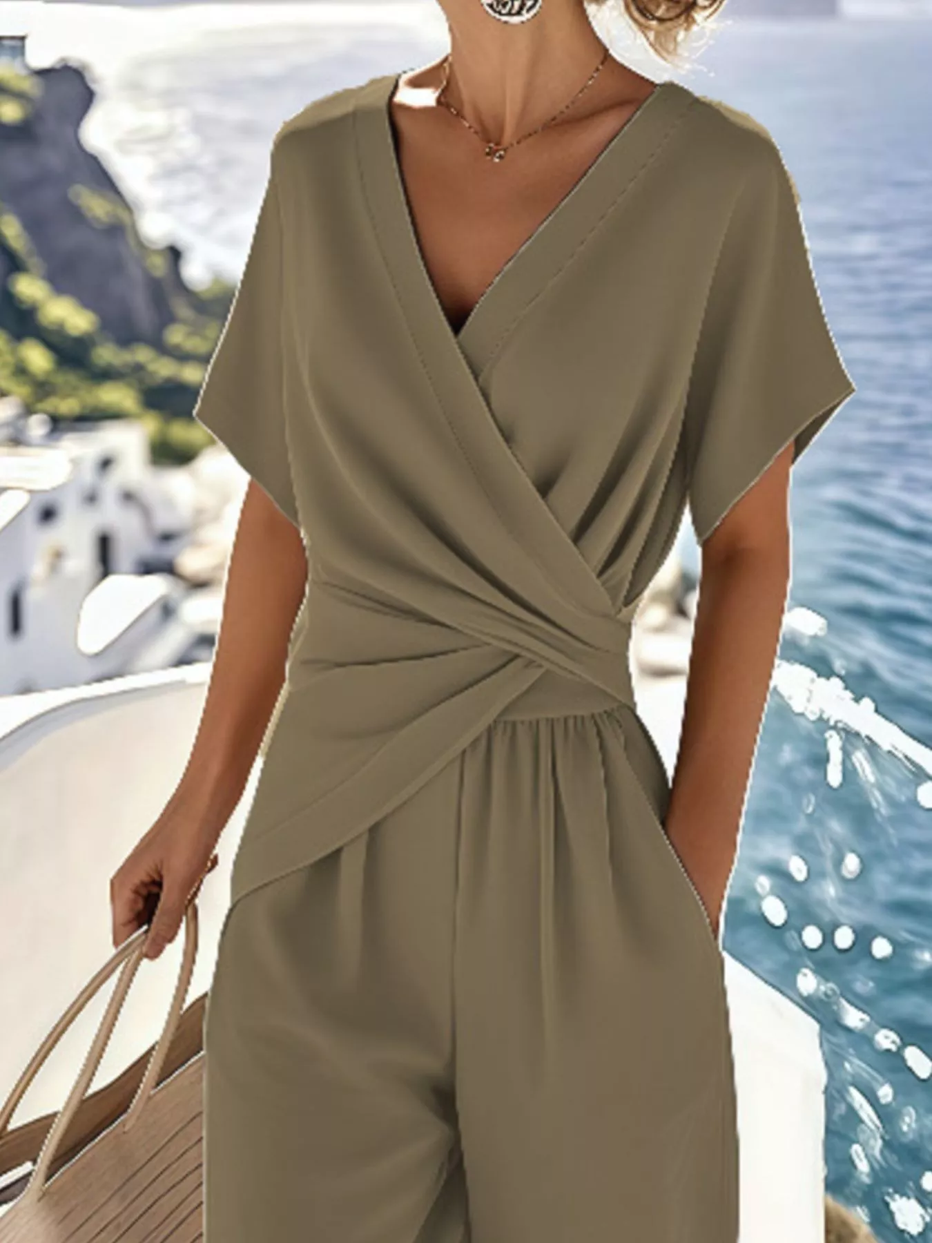 Full Size Surplice Short Sleeve Top and Pants Set Plus Size - Image 8