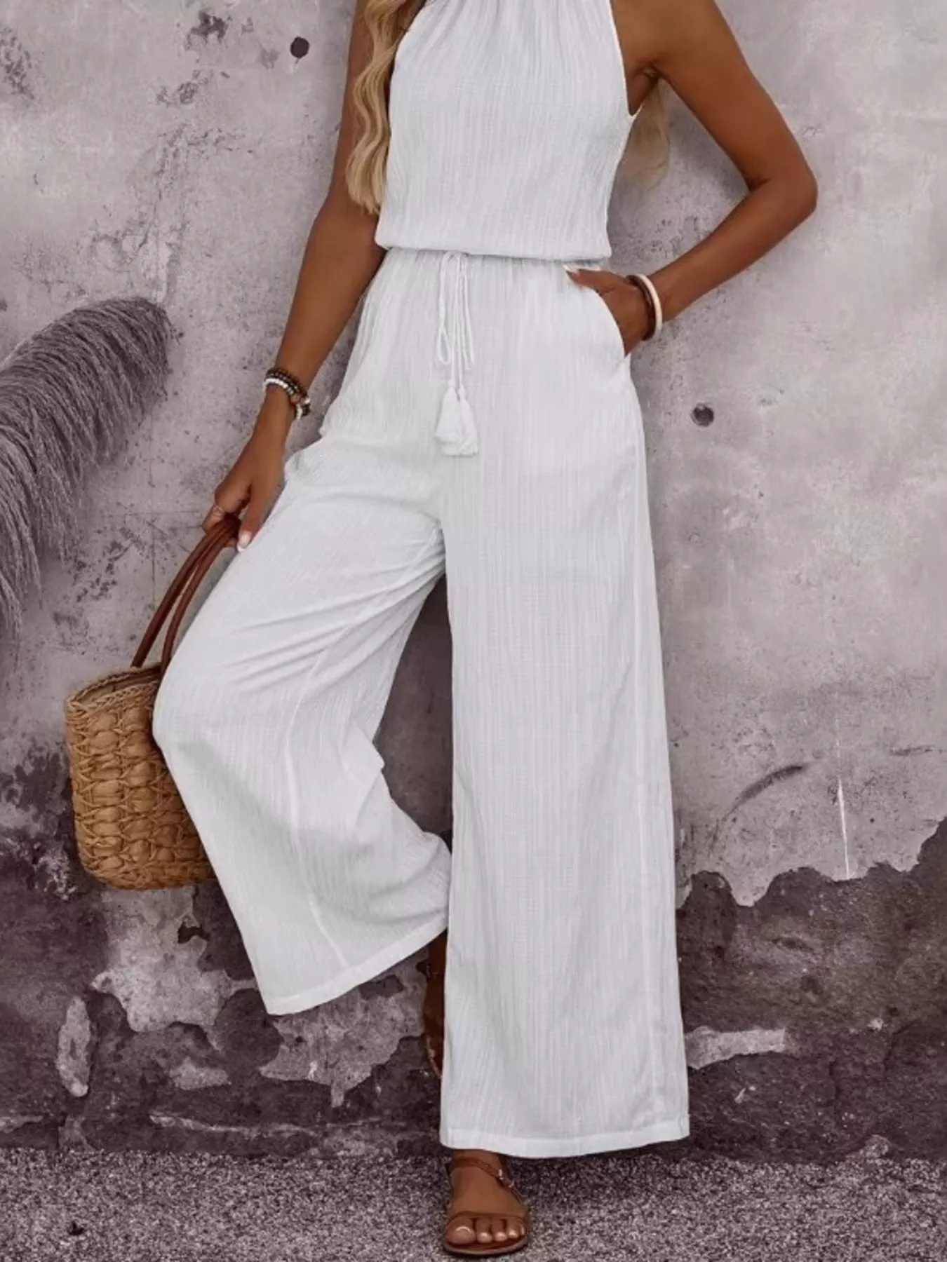 Full Size Tassel Sleeveless Wide Leg Jumpsuit Plus Size - Image 2