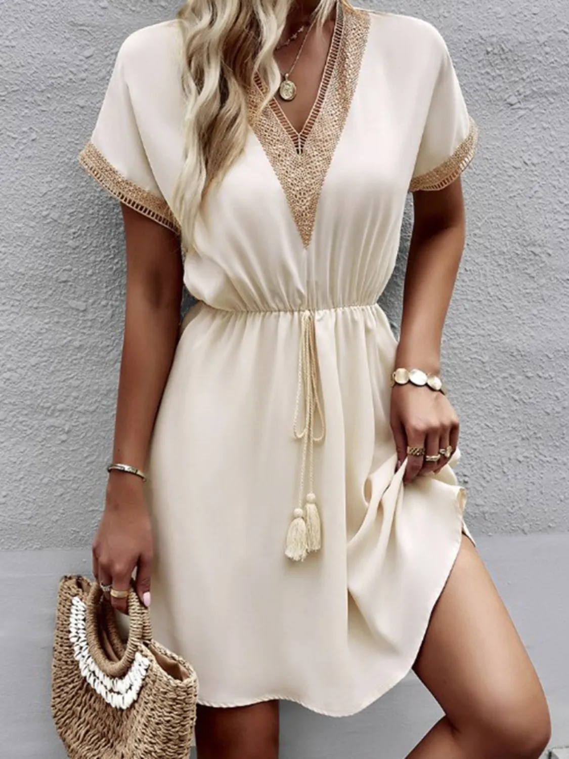 Full Size Tassel V-Neck Short Sleeve Dress Plus Size - Image 15