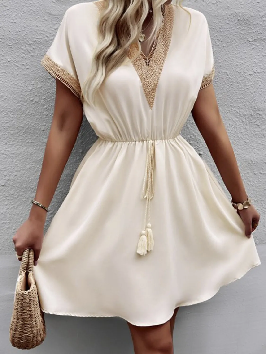 Full Size Tassel V-Neck Short Sleeve Dress Plus Size - Image 16