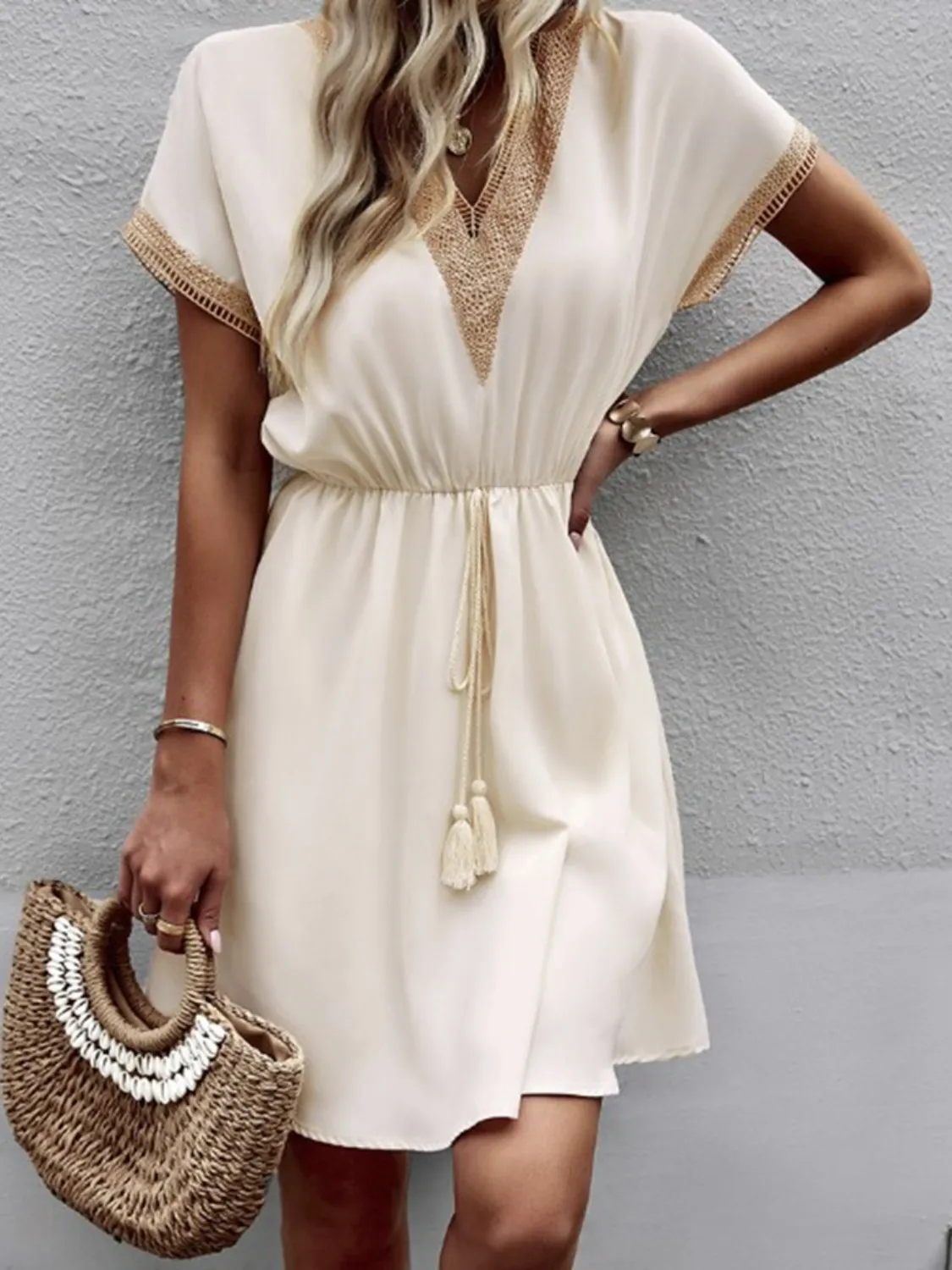 Full Size Tassel V-Neck Short Sleeve Dress Plus Size - Image 17