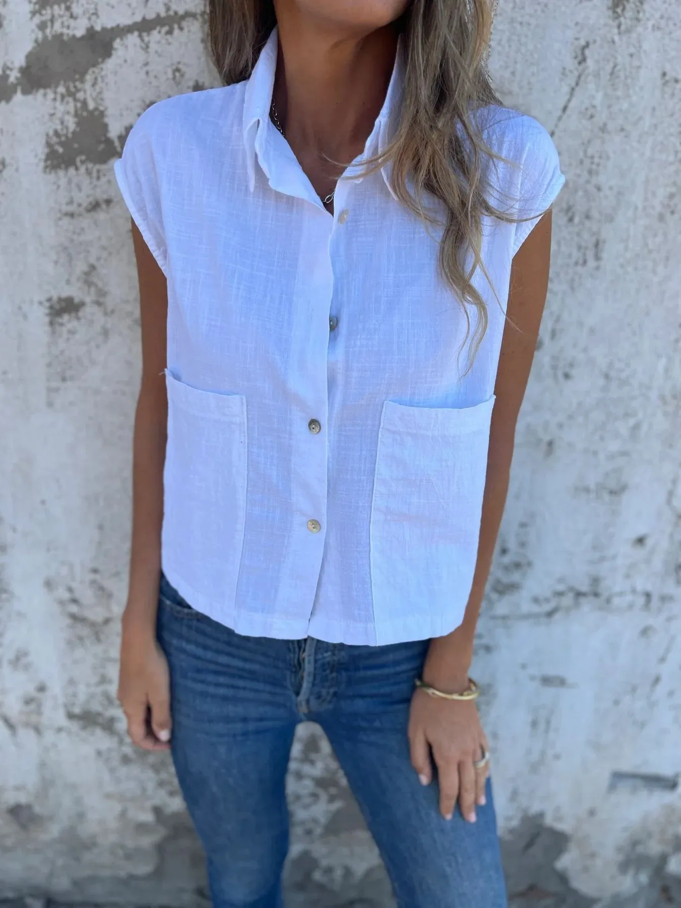 Full Size Textured Button-Front Sleeveless Shirt Plus Size - Image 17