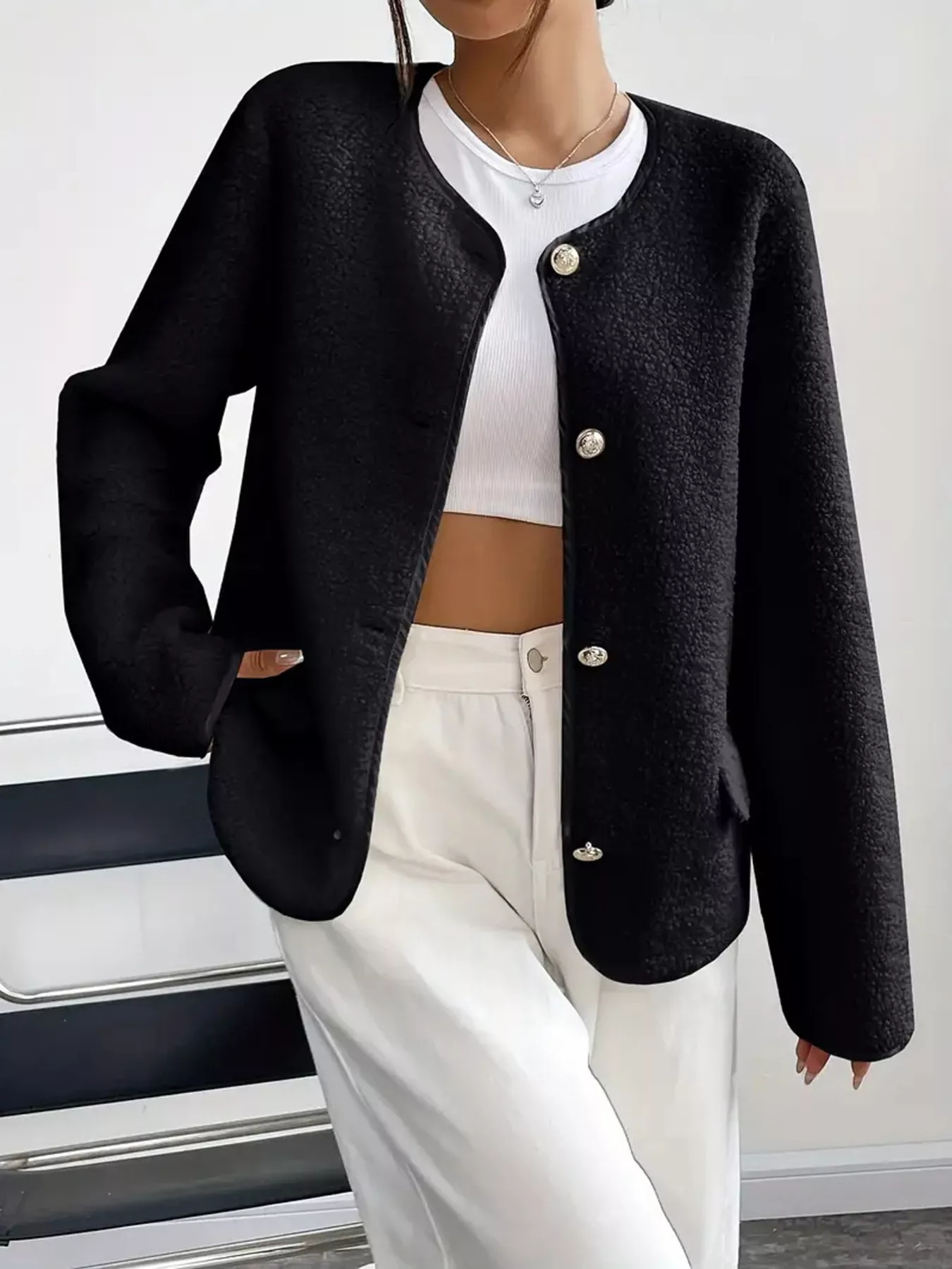 Full Size Textured Button-Up Fleece Outerwear Plus Size - Image 4
