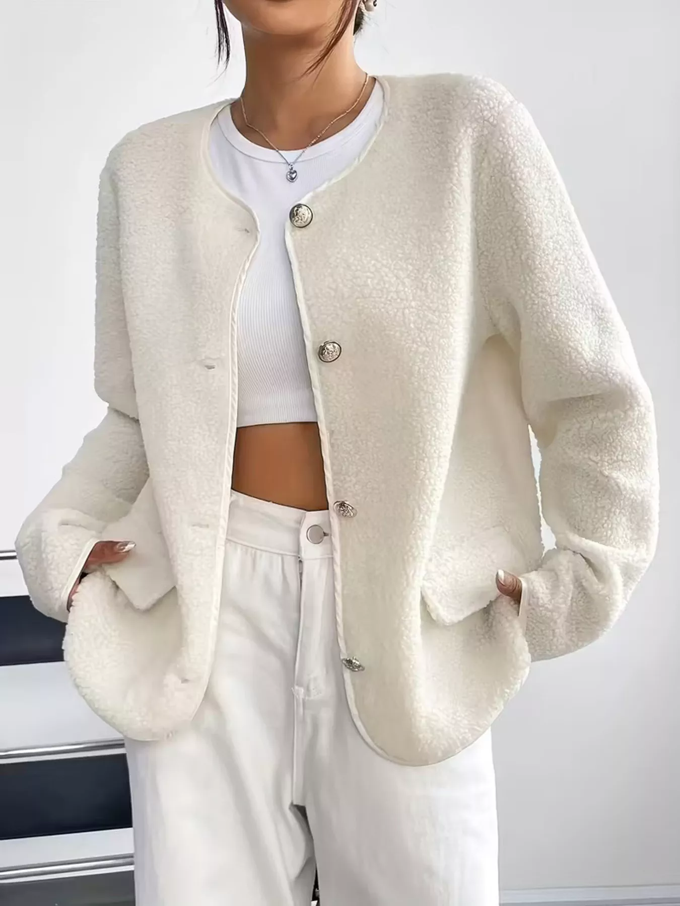 Full Size Textured Button-Up Fleece Outerwear Plus Size - Image 9