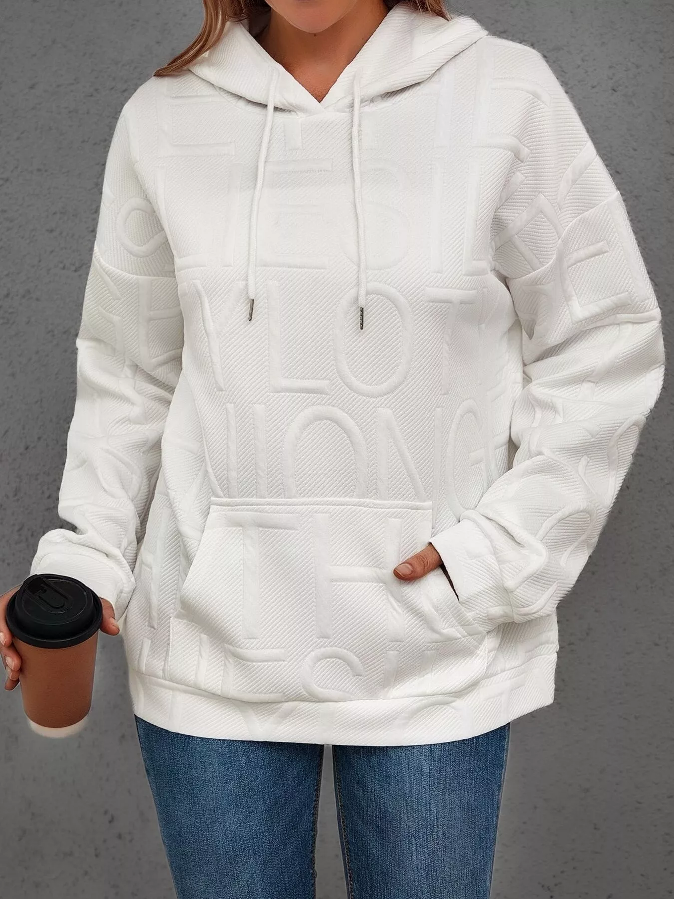 Full Size Textured Embossed Long Sleeve Hoodie Plus Size