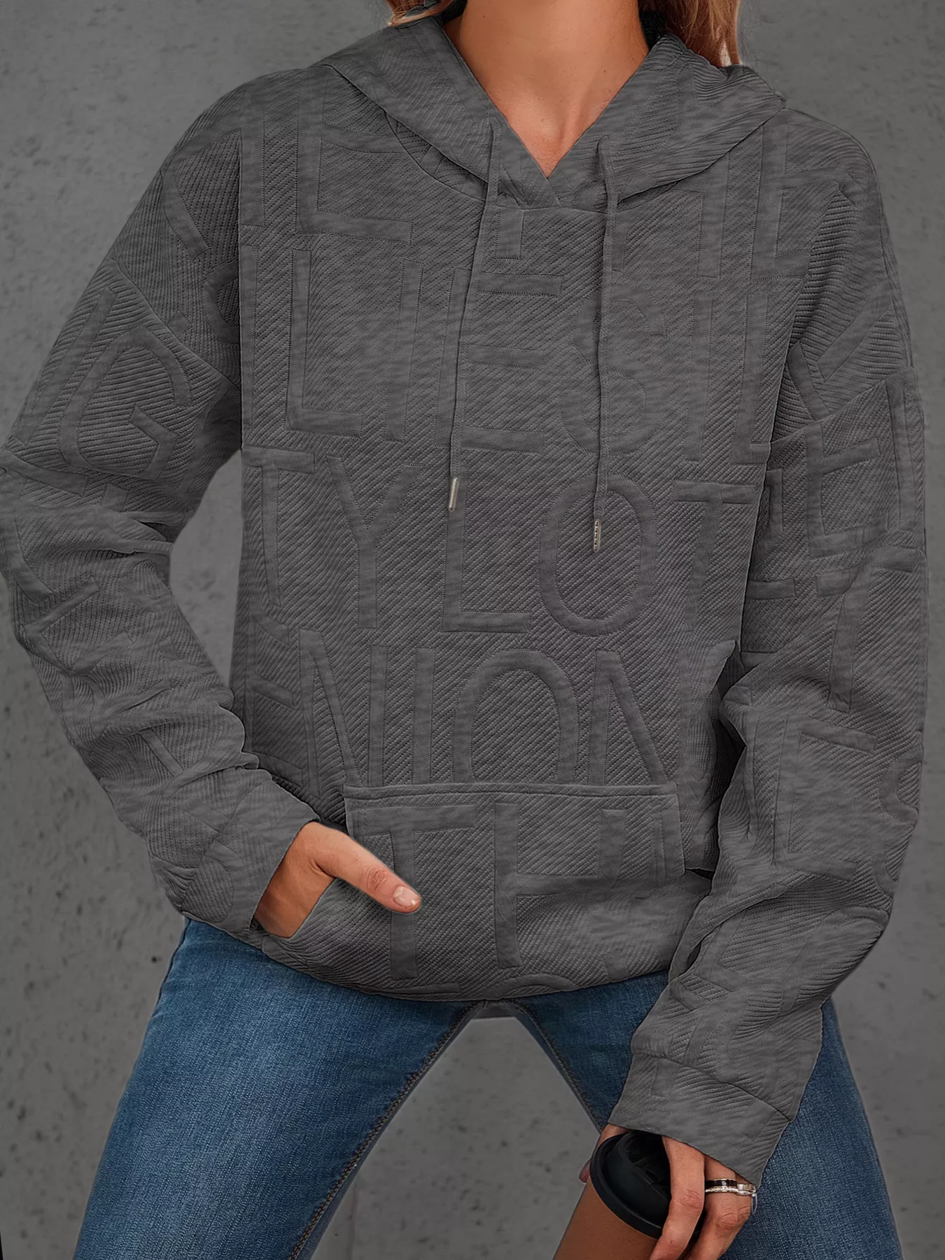 Full Size Textured Embossed Long Sleeve Hoodie Plus Size - Image 23