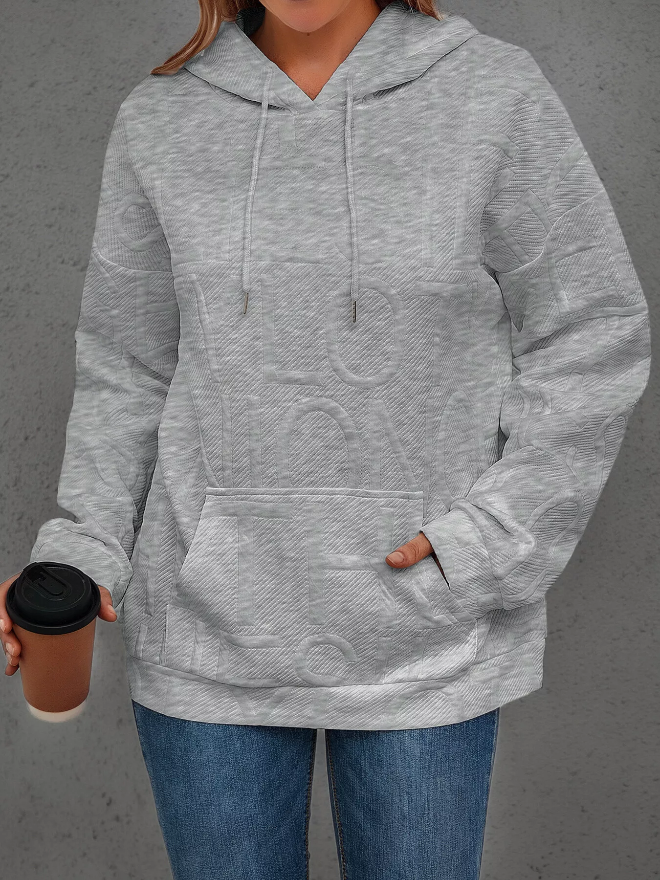 Full Size Textured Embossed Long Sleeve Hoodie Plus Size - Image 8