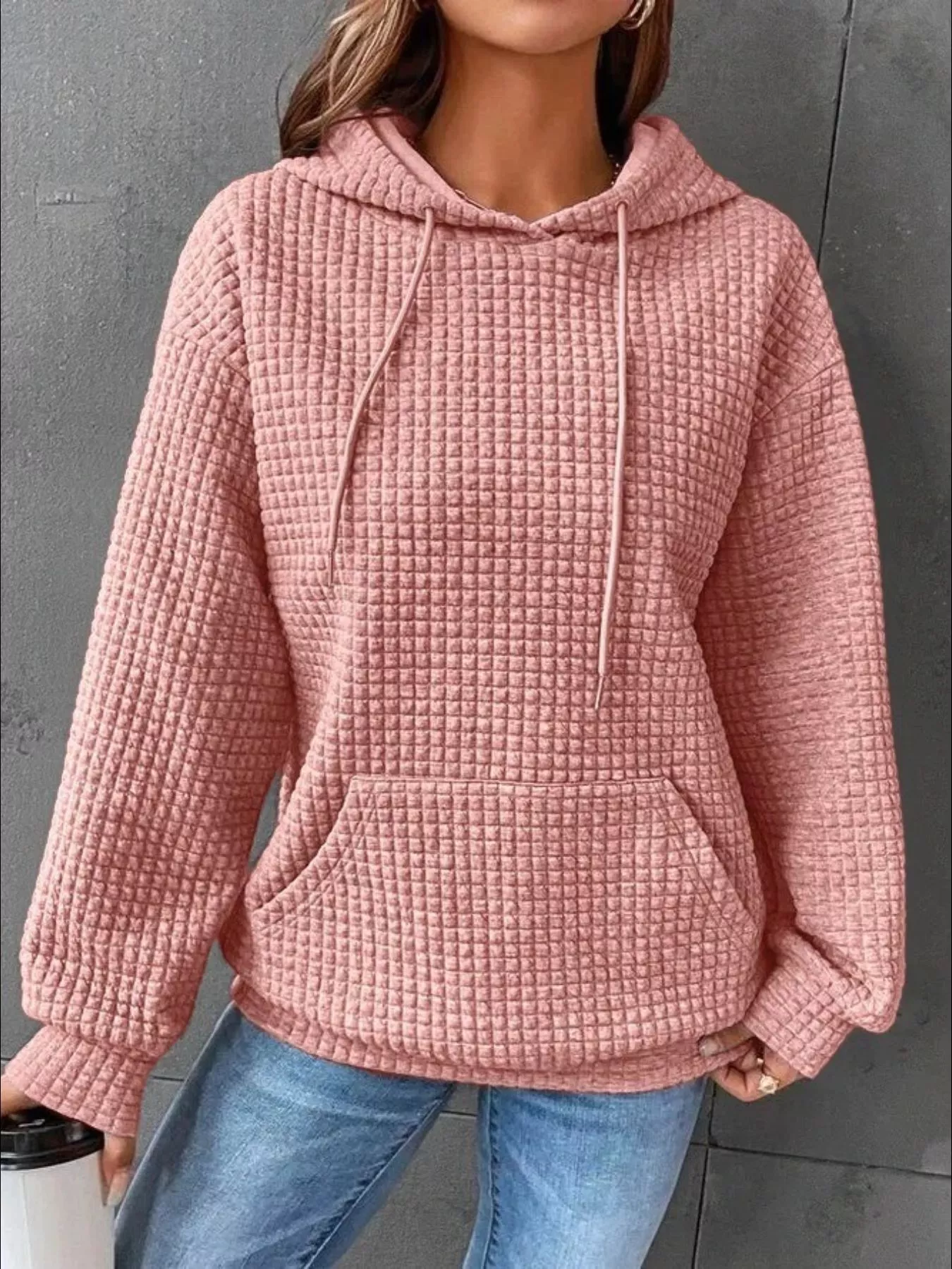 Full Size Textured Kangaroo Pocket Hoodie Plus Size - Image 10