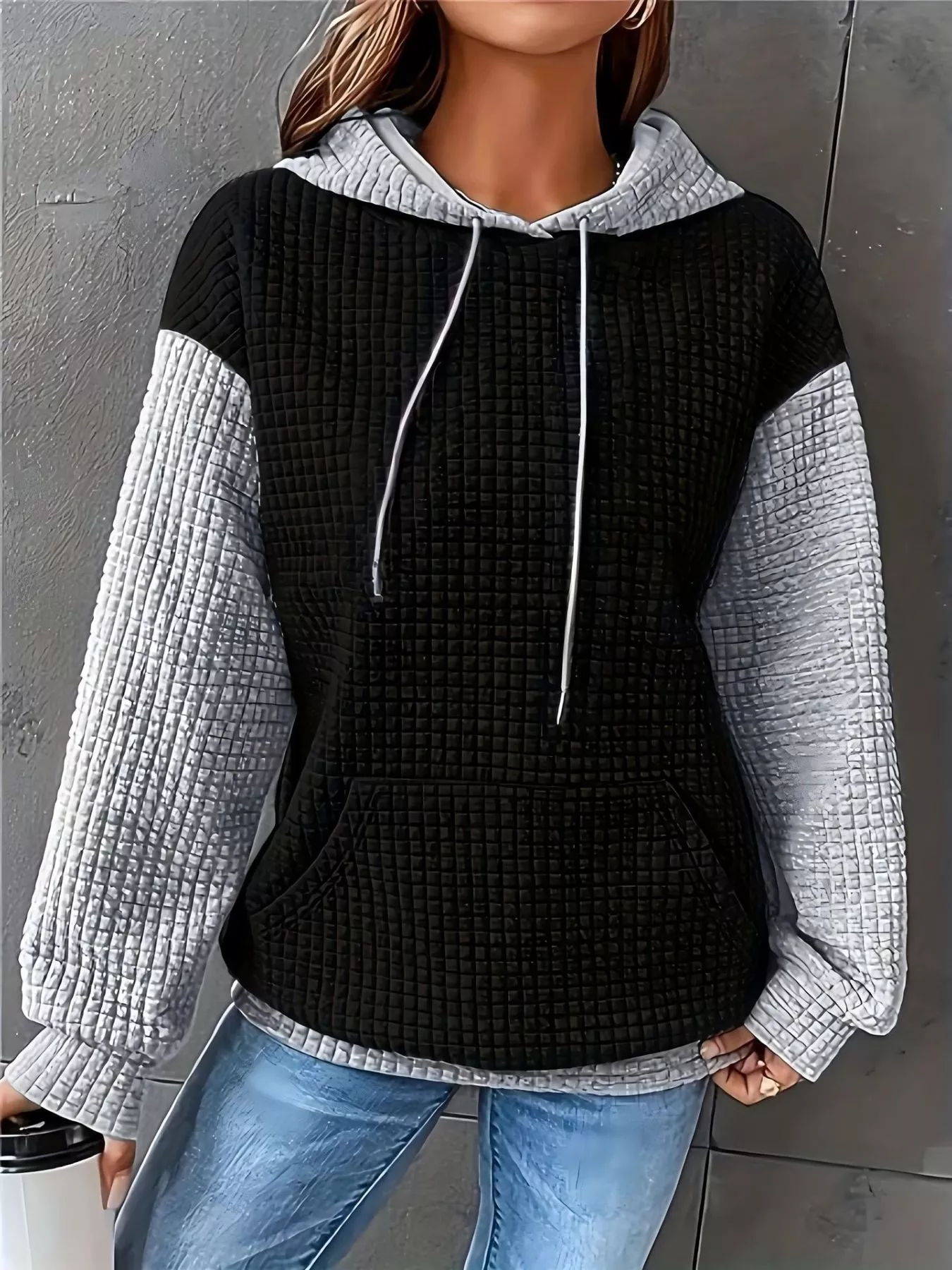 Full Size Textured Kangaroo Pocket Hoodie Plus Size - Image 21