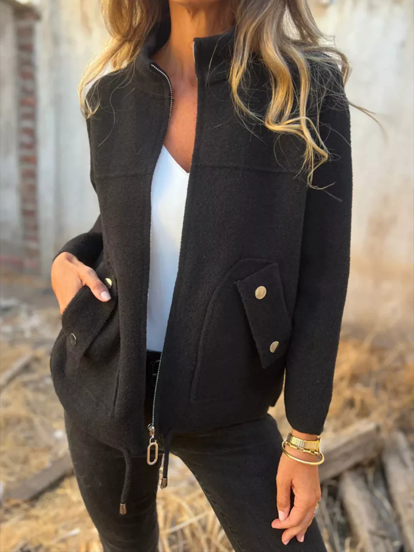 Full Size Textured Knit Zip Up Outerwear Plus Size - Image 8