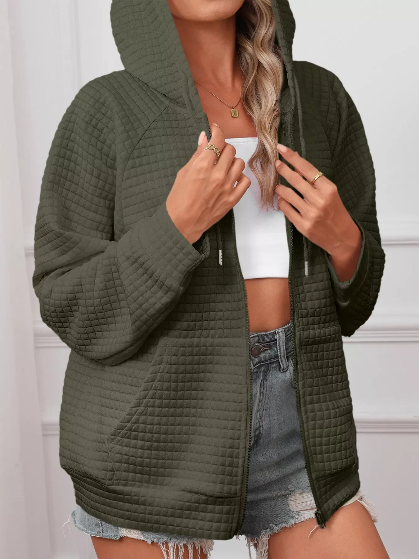 Full Size Textured Quilted Zip-Up Hooded Jacket Plus Size - Image 13
