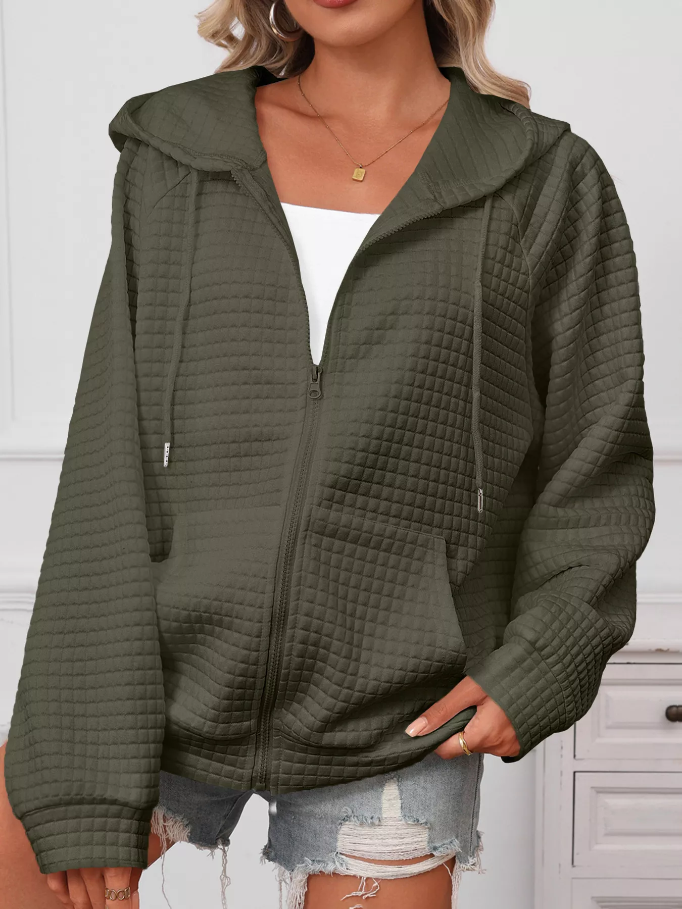 Full Size Textured Quilted Zip-Up Hooded Jacket Plus Size - Image 14