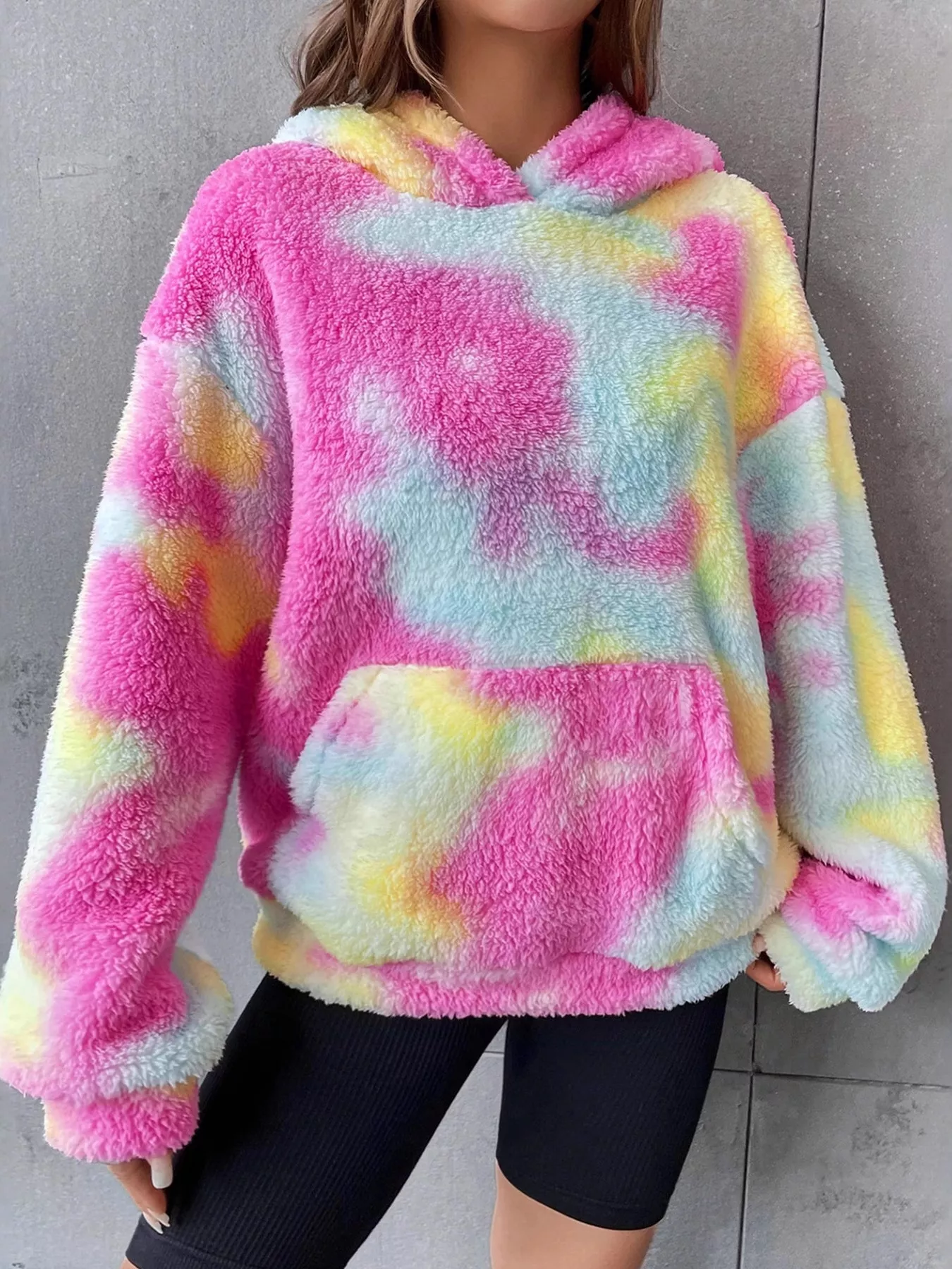 Full Size Tie-Dye Plush Drop Shoulder Hoodie Plus Size - Image 2