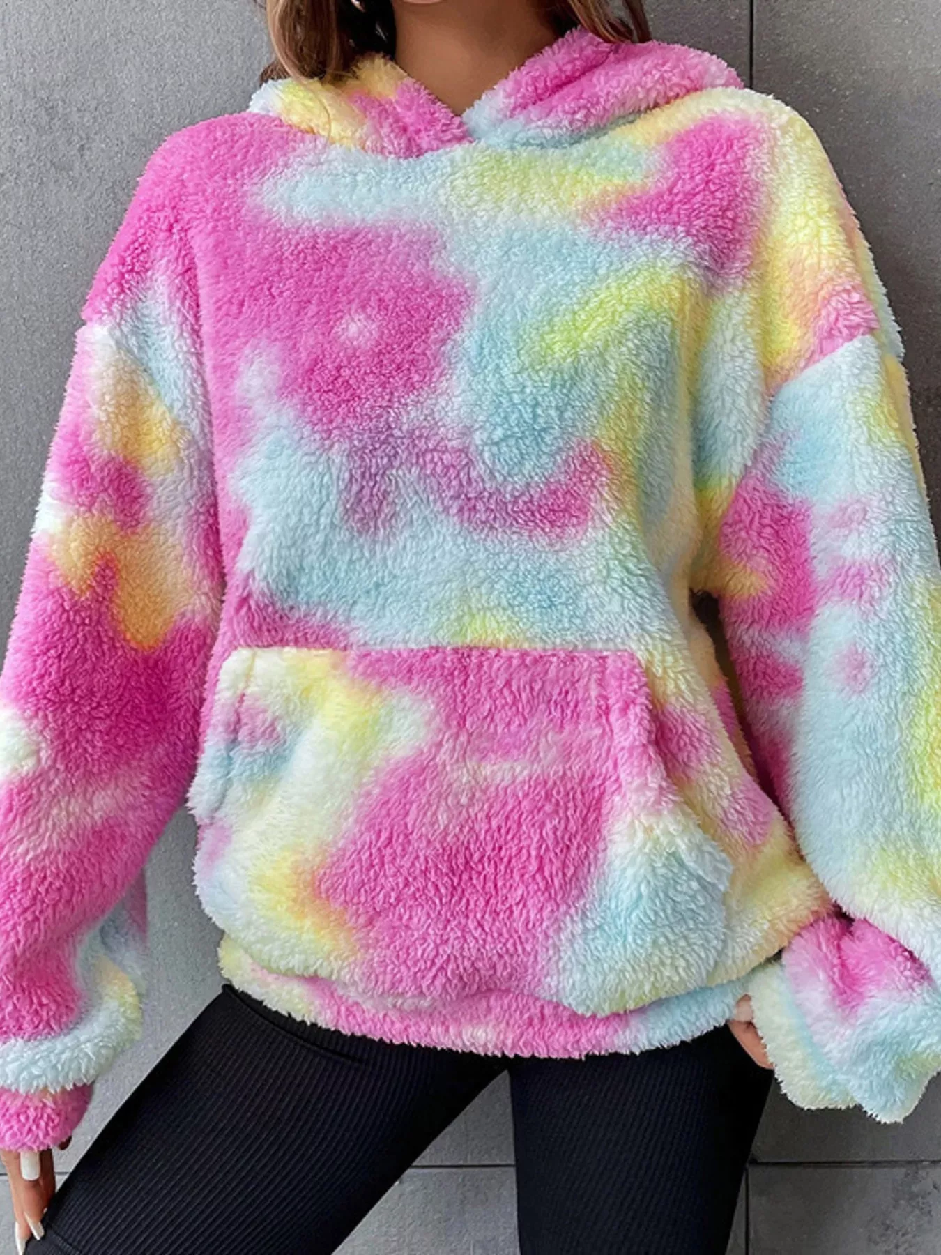 Full Size Tie-Dye Plush Drop Shoulder Hoodie Plus Size - Image 4