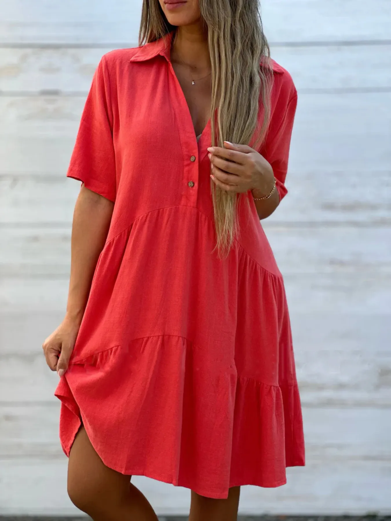 Full Size Tiered Button-Front Short Sleeve Dress Plus Size - Image 13