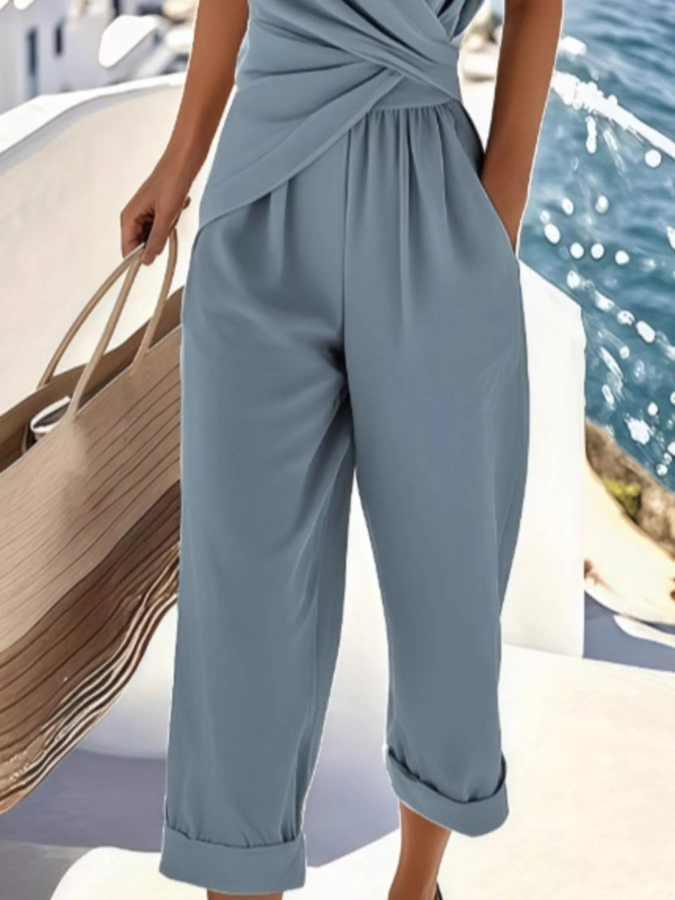 Full Size Twist-Front V-Neck Top and Pants Set Plus Size - Image 6
