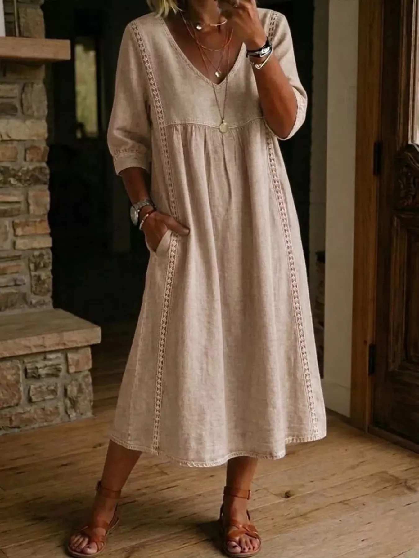 Full Size V-Neck 3/4 Sleeve Midi Dress Plus Size - Image 11