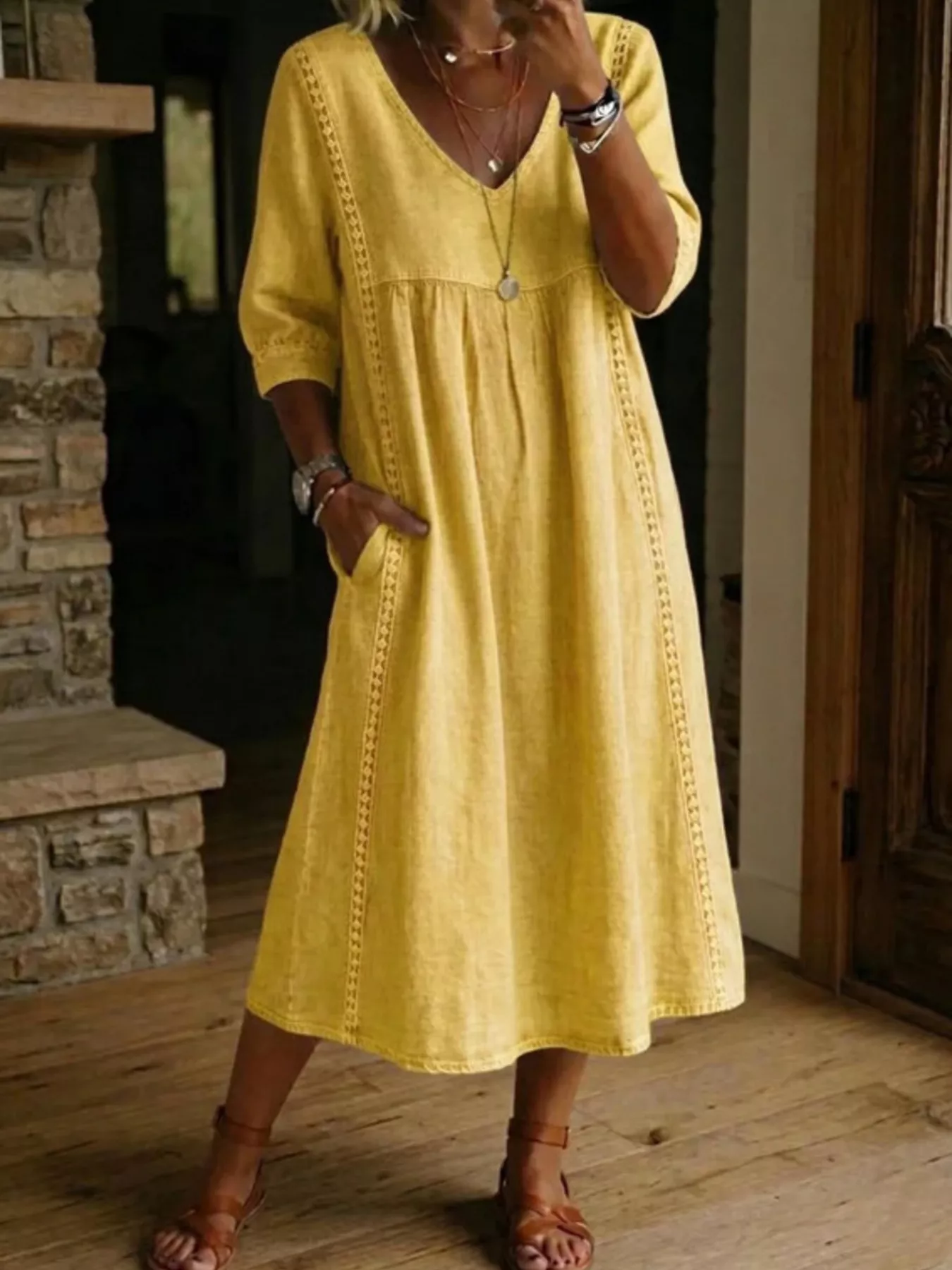 Full Size V-Neck 3/4 Sleeve Midi Dress Plus Size - Image 13