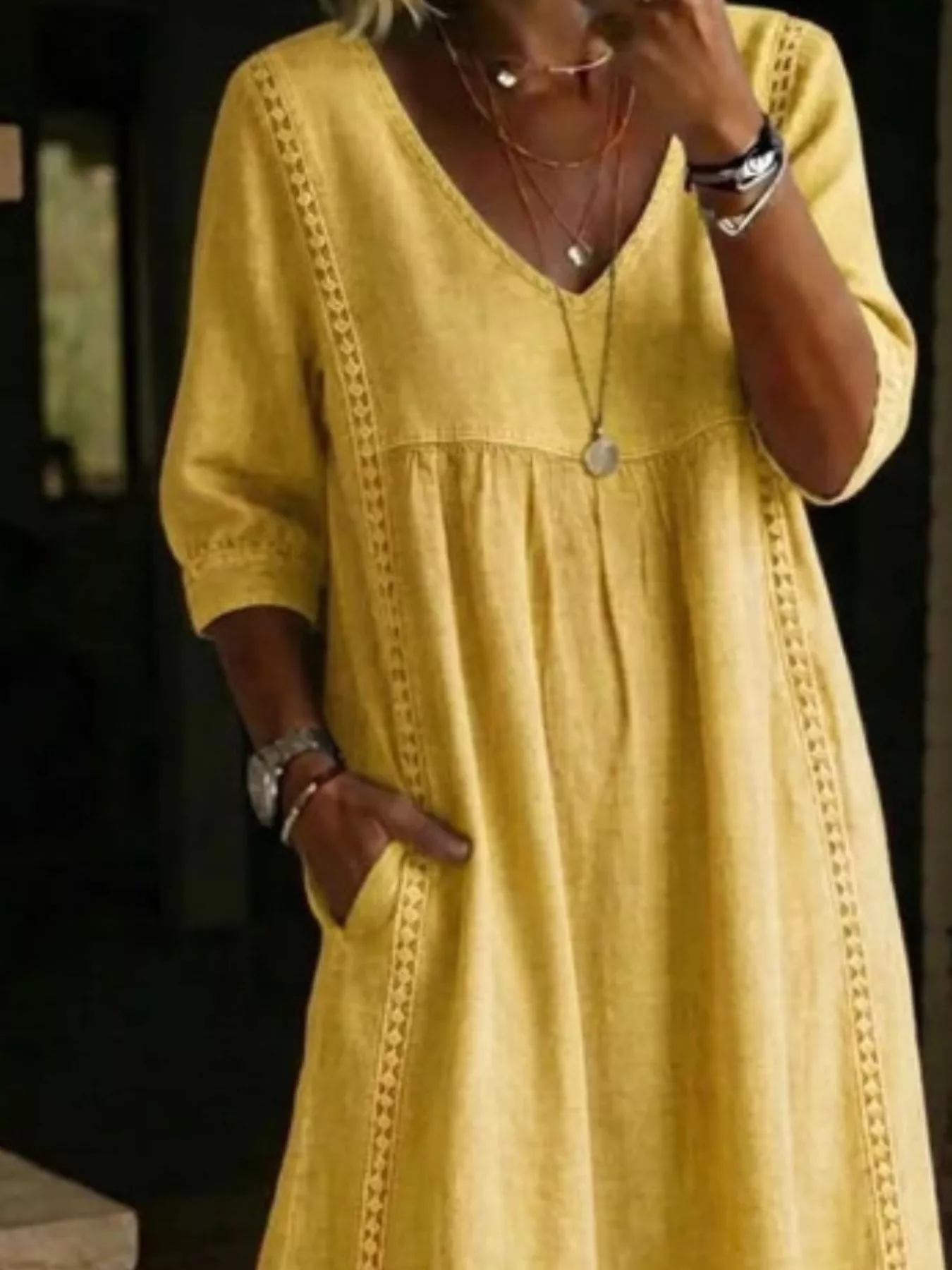 Full Size V-Neck 3/4 Sleeve Midi Dress Plus Size - Image 14