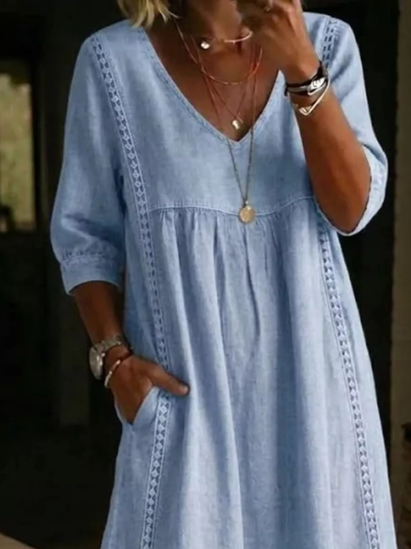 Full Size V-Neck 3/4 Sleeve Midi Dress Plus Size - Image 2