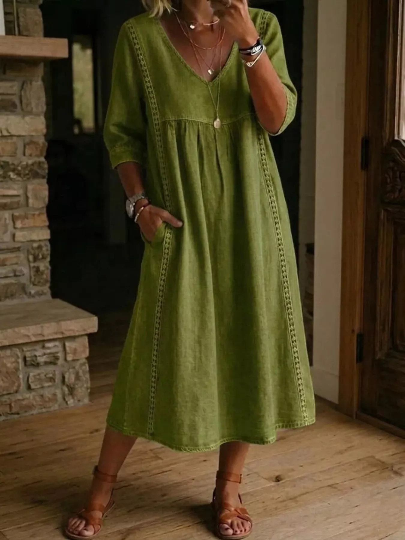 Full Size V-Neck 3/4 Sleeve Midi Dress Plus Size - Image 3